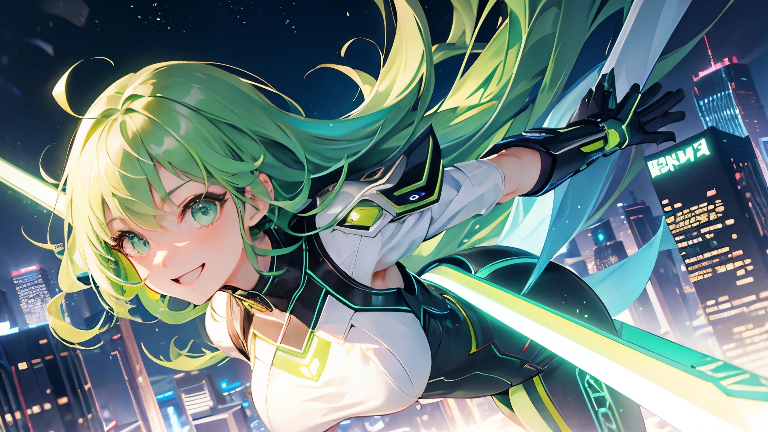 Mechanical、(((Dynamic movement)))、green hair、dreamy girl、Futuristic cityscape、rays of green light、blade、smile