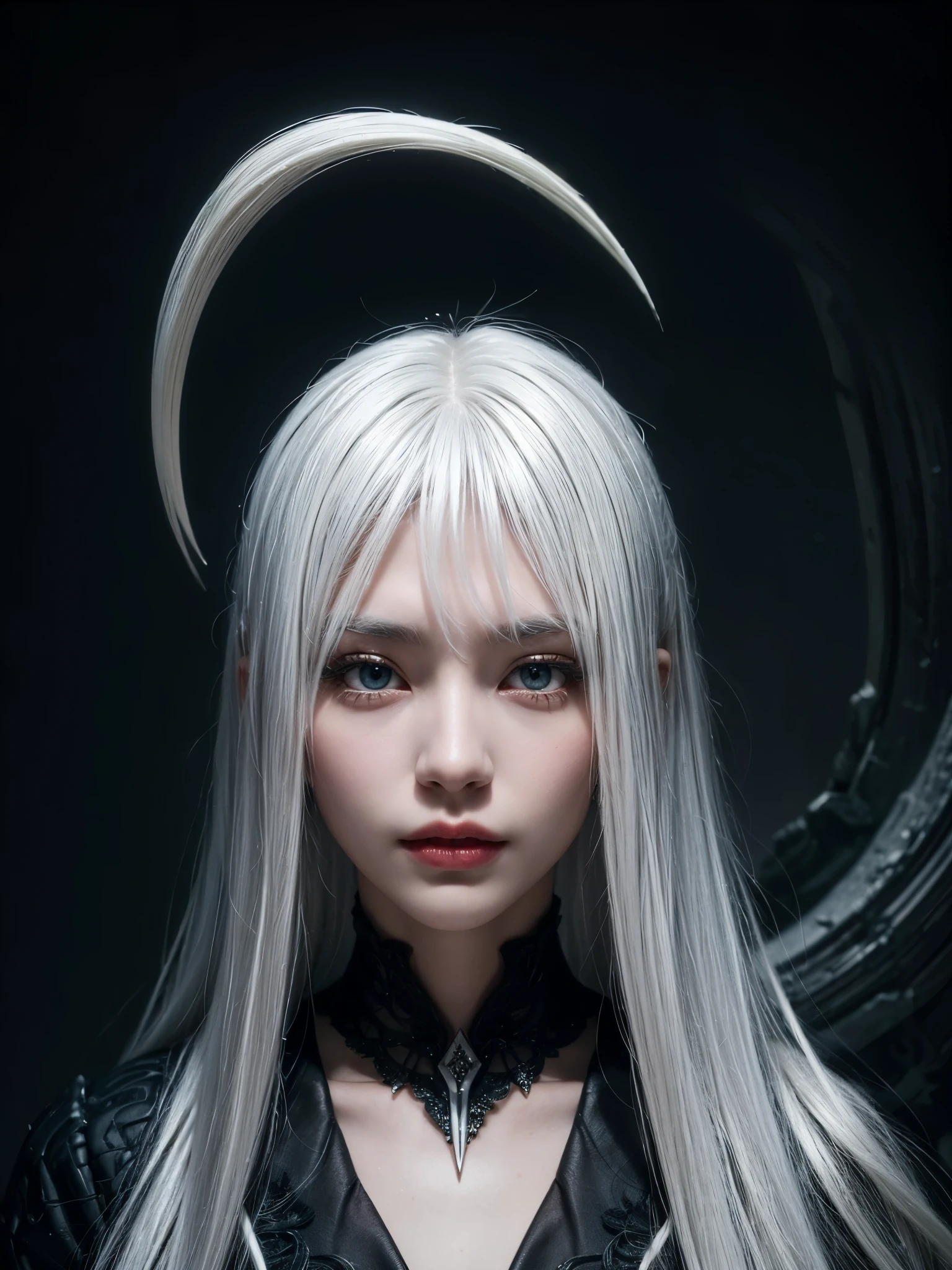 ((very sharp photo result & detailed face)) ((long white hair)) ((more blended with dark environtment))