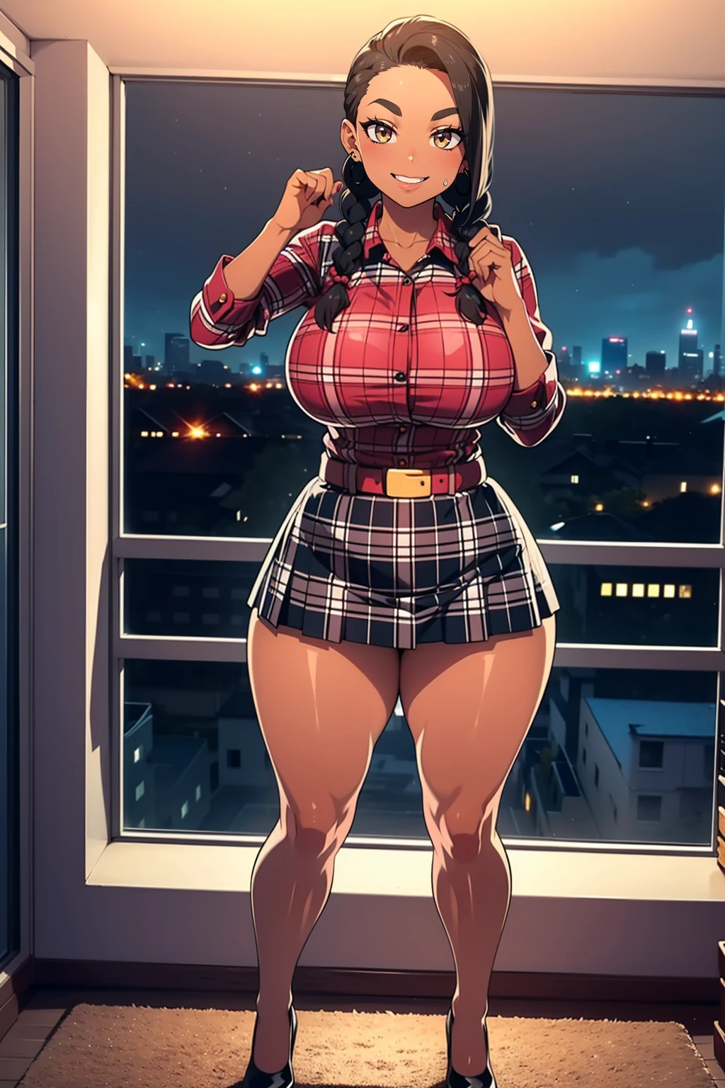 4K Quality, (solo), (1 sexy woman), (sexy smile), (cute eyebrows), (cute pose), (black and red plaid skirt), (black and red braids), ((dark skinned)), thick thighs, big breasted, big ass, looking at viewer, (golden eyes), (night time), bedroom eyes, full body, (city background), (perfect face), (perfect body), (perfect eyes), full lips, bottom heavy, (slight bloom), (glowing background)