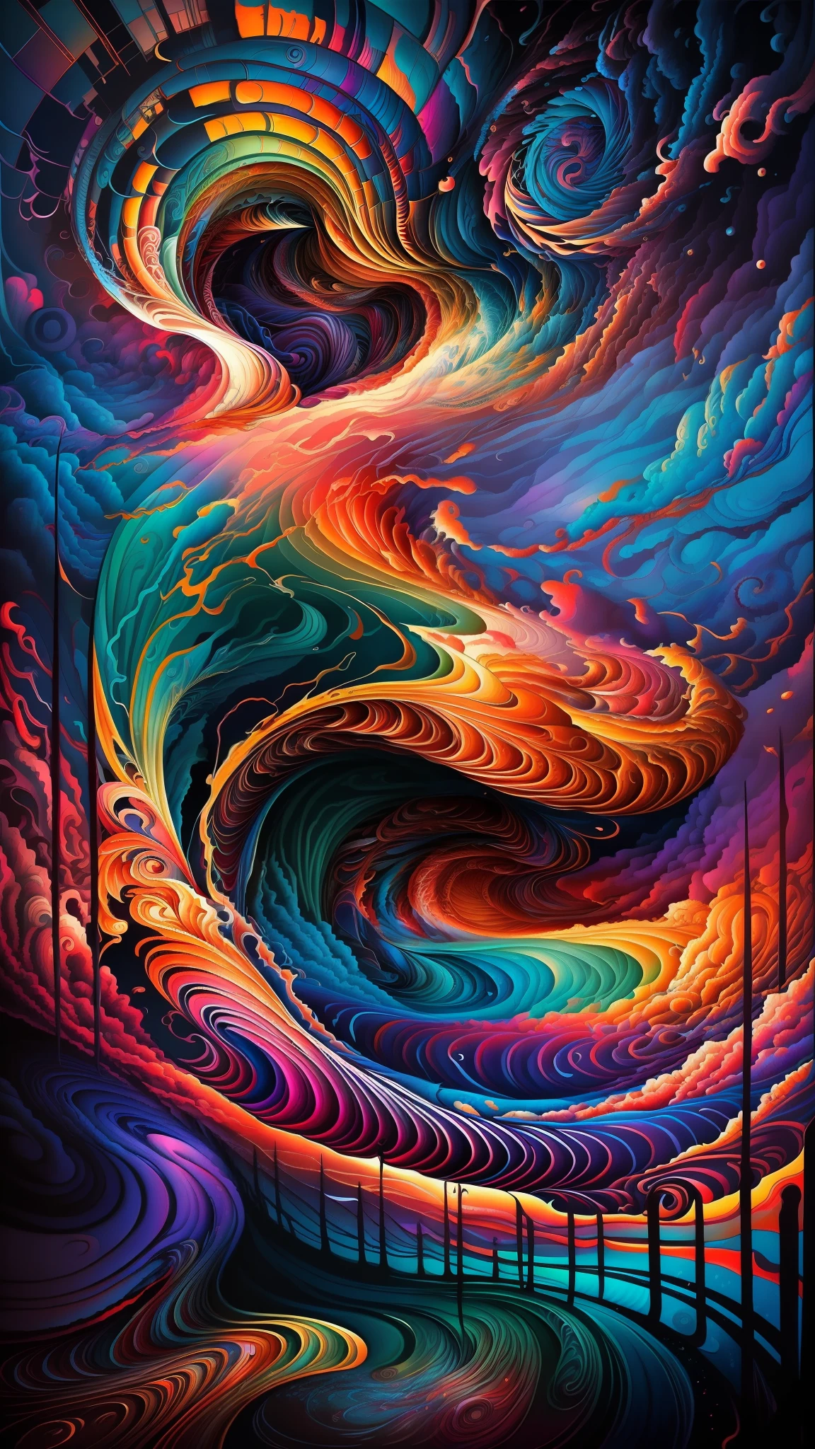 a painting of a colorful swirl with a sky background, colorful swirly ripples of magic, colorful swirly magical ripples, intricate flowing paint, colorful swirly magic ripples, mystical swirls, swirls of magic, swirling paint, fractal thunder dan mumford, colorful swirly magical clouds, swirling liquids
