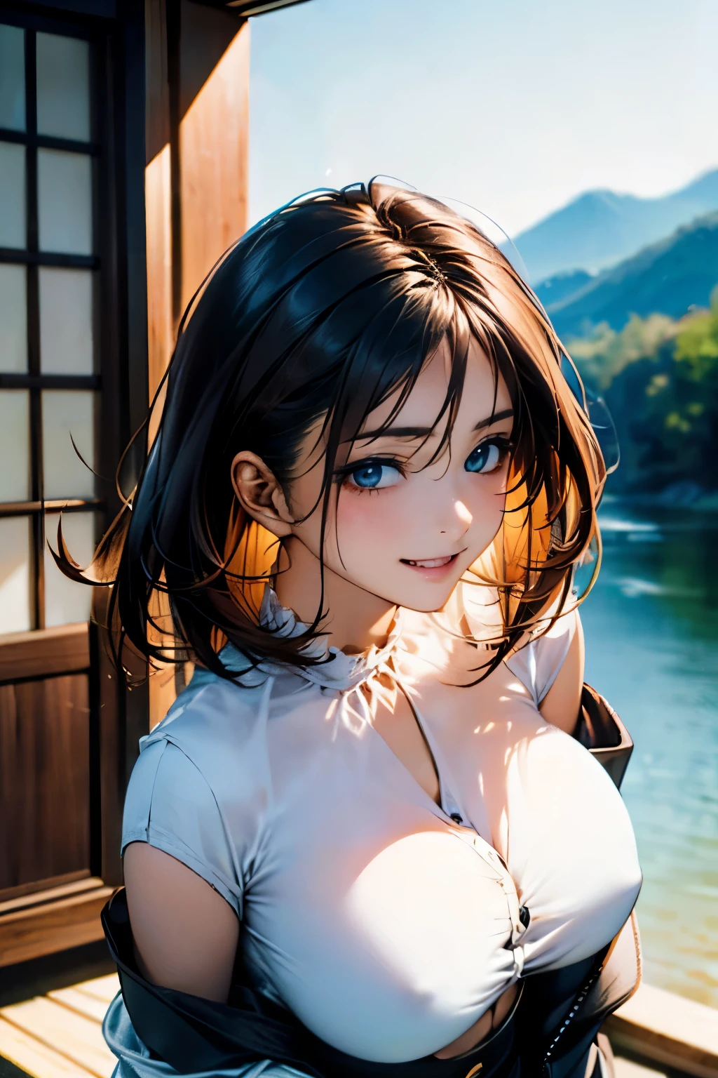 (masterpiece:1.2, highest quality), (realistic, photorealistic:1.4), beautiful illustrations, (natural side lighting, movie lighting),
looking at the viewer, face focus, Upper body, (1 girl), Japanese, 18-year-old, perfect face, perfect body, Cute symmetrical face, shiny skin, baby face, ((big breasts:1.4)),
(medium hair, straight hair, light brown hair), hair between eyes, Chest with emerald green eyes, seductive thighs), thin,
beautiful hair, beautiful face, thin and beautiful eyes, beautiful clavicle, beautiful body, beautiful breasts, beautiful thighs, beautiful feet, beautiful fingers,
((round neck jacket:1.6, blouse, black tight skirt)),
(beautiful scenery), evening, (office), Are standing, (cute smile),