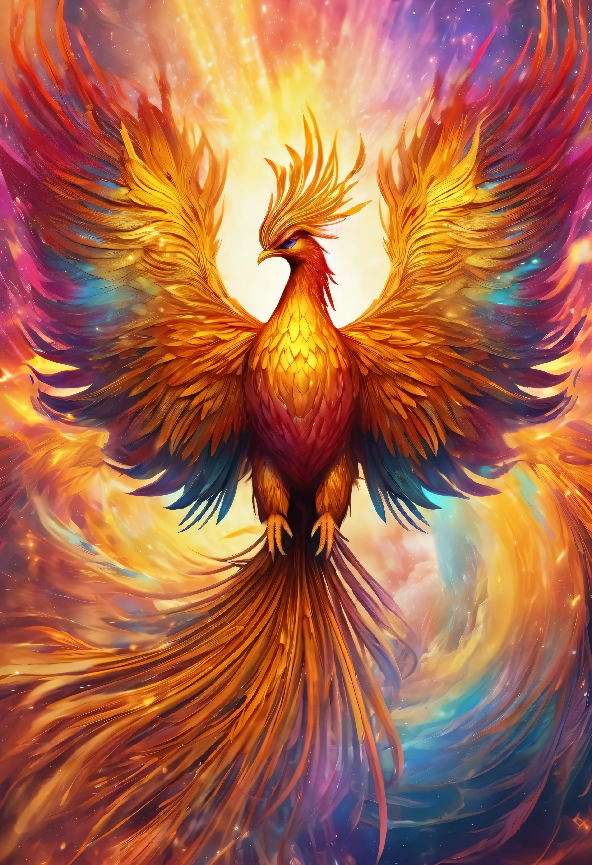 A beautiful and realistic phoenix is reborn in a psychedelic firestorm , There are a lot of very visible and textured auras, ((golden:1.4)), ((Front view:1.4))