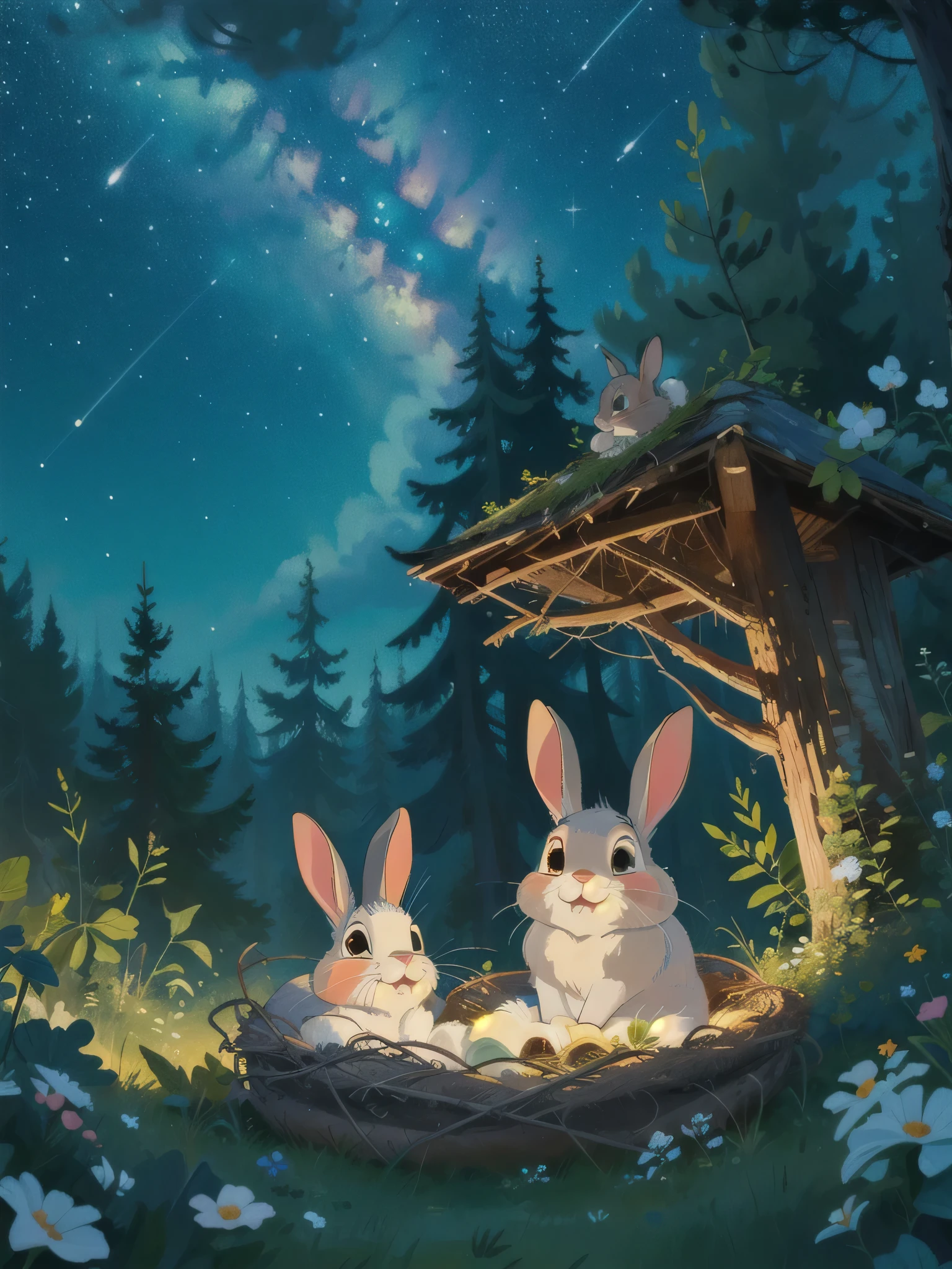 forest under starry sky at night，Two rabbits，Rabbit lying in the nest，Rabbit sitting on the edge of the nest，disney style，cartoon，masterpiece，best quality