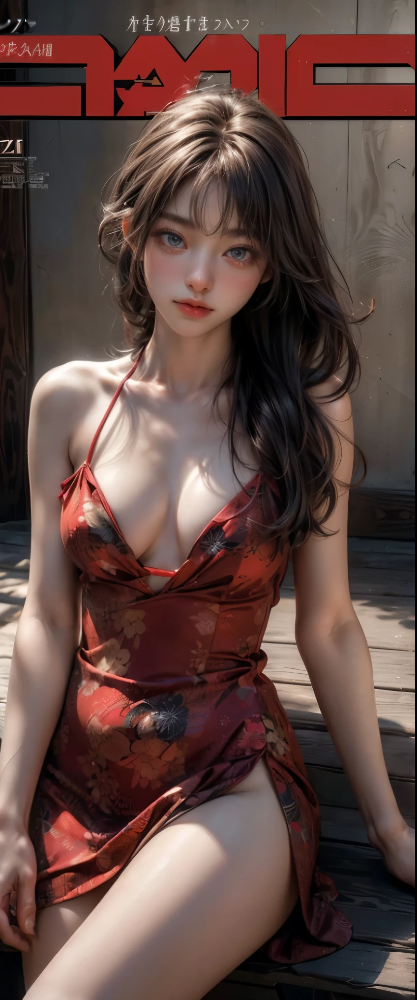 ((masterpiece, highest quality, Highest image quality, High resolution, photorealistic, Raw photo, 8K)), a close up of a magazine with a woman in a bikini, magazine, young beautiful gravure idol, magazine scan, magazine photo, young gravure idol, realistic young gravure idol, young slender gravure idol, sophisticated gravure idol, young sensual gravure idol, on the cover of a magazine, cover of magazine, magazine photograph, japanese model, magazine centerfold, (a woman in a red dress sitting), Detailed skin, blue eyes, thighs visible, In Dynamic Pose, text,