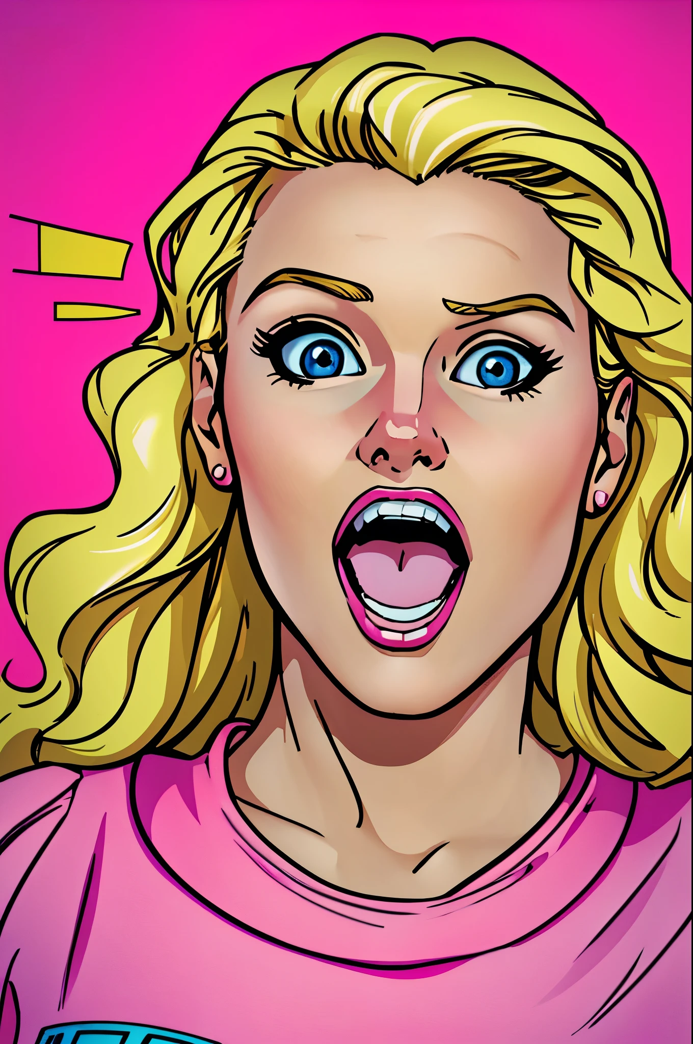 masterpiece, best quality, extremely detailed, pop art, hyperrealistic, photorealistic, a pretty woman, blond hair, happy, surprised:1.1, open mouth, pink tops, speech bubble