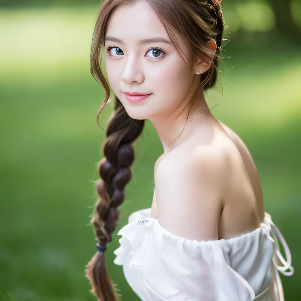 1 girl,High resolution, high quality, masterpiece, mxmk white dress, bare shoulders, purple eyes, white dress, Braid