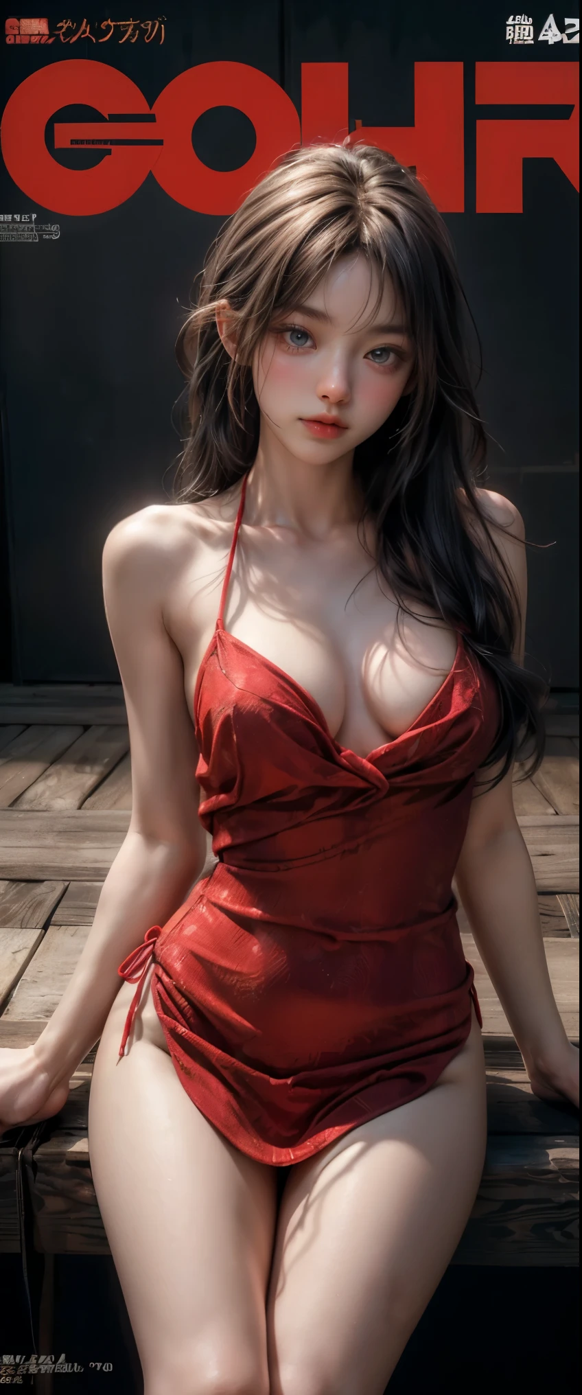 ((masterpiece, highest quality, Highest image quality, High resolution, photorealistic, Raw photo, 8K)), a close up of a magazine with a woman in a bikini, magazine, young beautiful gravure idol, magazine scan, magazine photo, young gravure idol, realistic young gravure idol, young slender gravure idol, sophisticated gravure idol, young sensual gravure idol, on the cover of a magazine, cover of magazine, magazine photograph, japanese model, magazine centerfold, (a woman in a red dress sitting), Detailed skin, blue eyes, thighs visible, In Dynamic Pose, text,