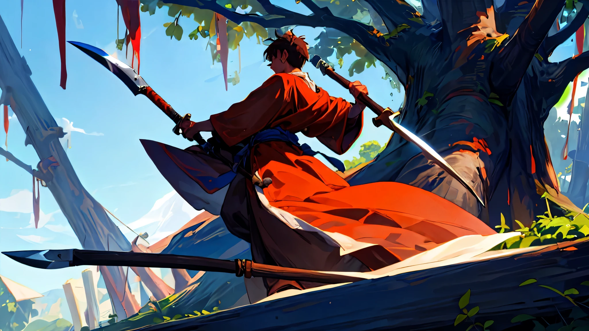one male person Wear a brown robe Hand holding a steel ax Cutting down a big tree