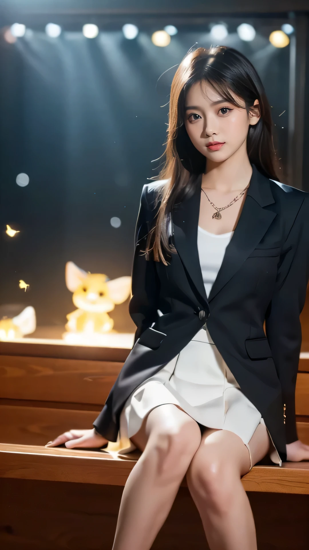 High qualityสุด, Masterpiece, 1 girl, white fox tail ,necklace ,clock,glowing eyes, Beautiful face, (ภาพถ่ายเหมือนTRUE:1.3), Light around the wheel rim, (Highly detailed skin:1.2), 8k UHD, DSLR, High quality, high definition, 4k, 8k, Bokeh, (TRUE: 1.3), small face, cute woman, black formal blazer, middle breast, short skirt,office ,Fireflies shine everywhere.