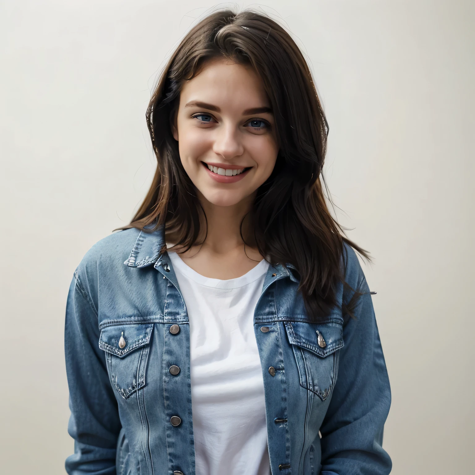 in a blue denim jacket and white T-shirt, full length, Holding a book, smiling 