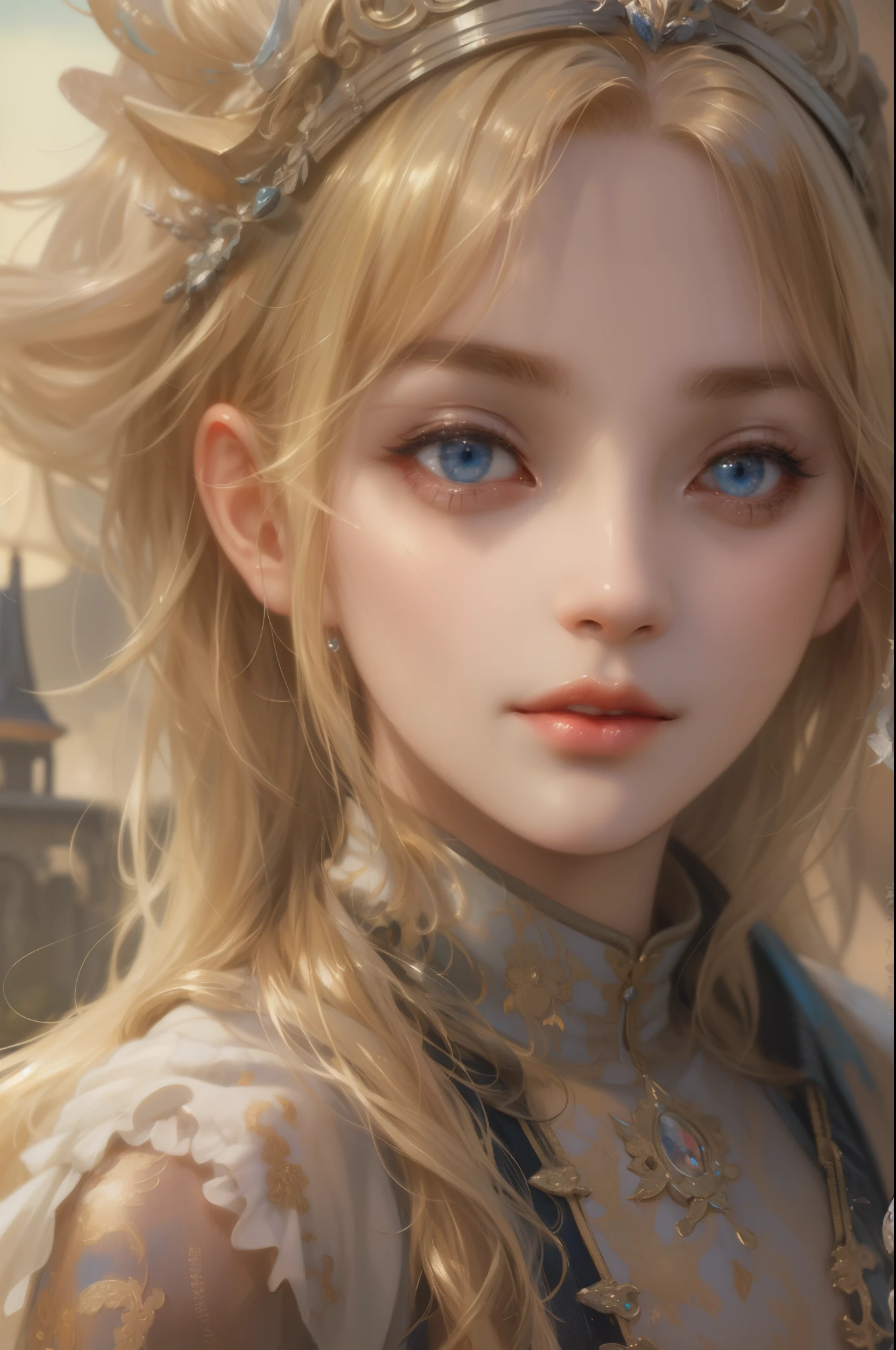 blond haired girl with blue eyes and a crown on her head, artwork in the style of guweiz, beautiful character painting, the style of wlop, hyperdetailed fantasy character, stunning anime face portrait, detailed portrait of anime girl, guweiz, beautiful fantasy art portrait, great digital art with details, beautiful fantasy portrait, kawaii realistic portrait, guweiz masterpiece