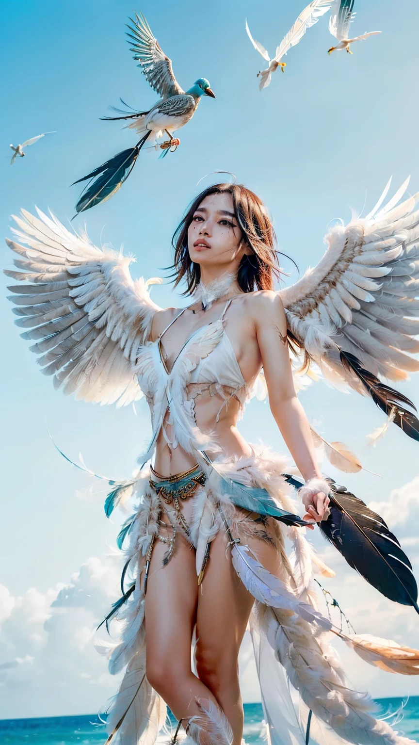 (Human-bird fused character: 1.5), (((hair is feathers))), (feathers are tangled around the body)), clothing with a lot of exposed skin, human and bird mixed together, (feather-like clothing is integrated with skin: 1.5),(Both arms become wings and fly in the sky:1.5)、Dancing high in the sky