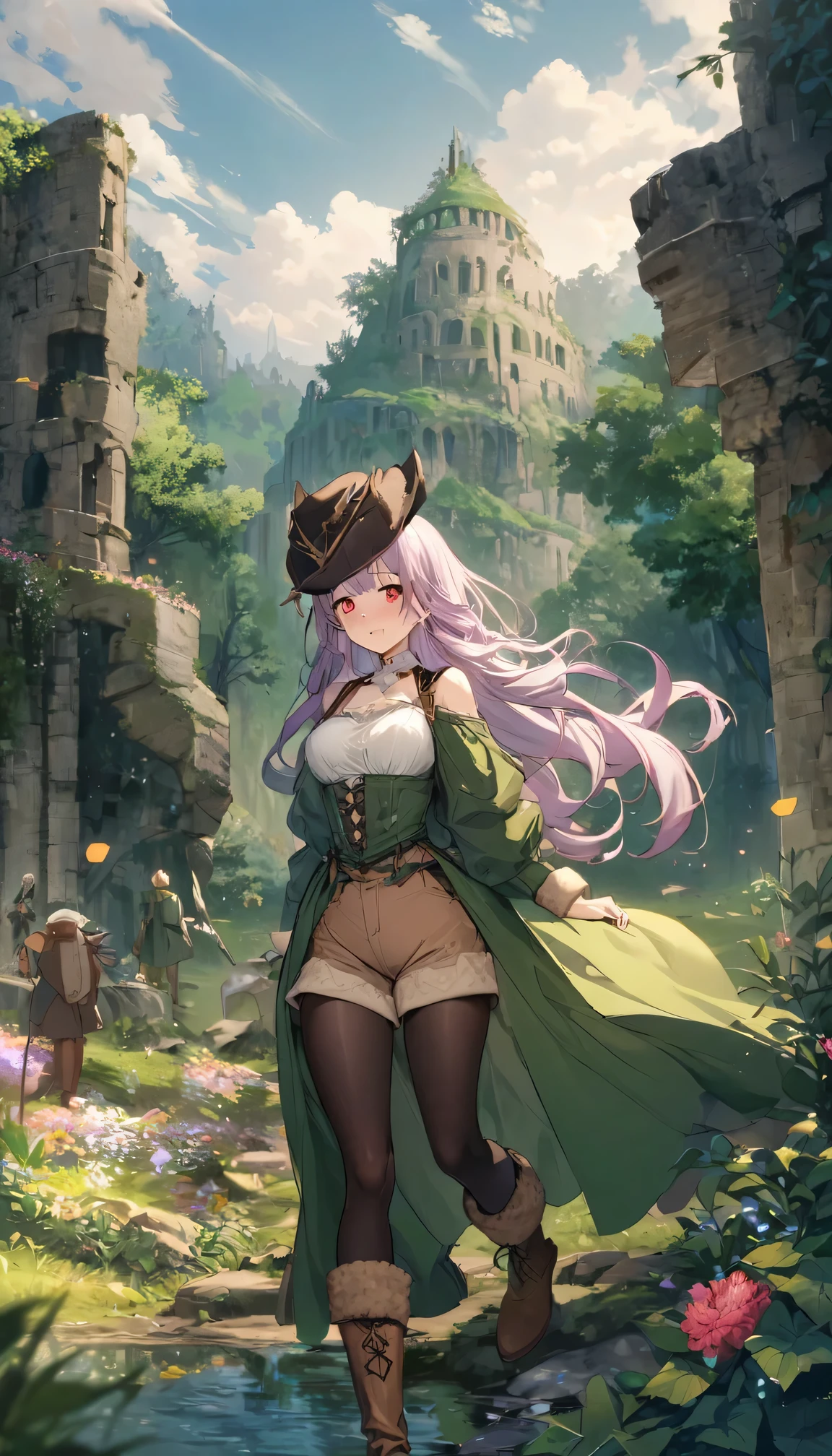 best quality, (masterpiece:1.2), illustration, ridiculous,  (1 girl, alone), (Beautiful and delicate girl),, Fengshin, lilac hair, long hair, Red eyes, medium breasts,, happiness的, happiness,, turtle, feather embellished hat, green dress, green coat, (fantasy:1.1) (middle Ages:1.1) Full set of equipment, (Black_pantyhose:1.1), White shirt, Brown shorts, fleece lined boots, brown boots,, enchanted forest, flowers, Fairy ring, ancient ruins, stone ruins, lake, Sky, cloud