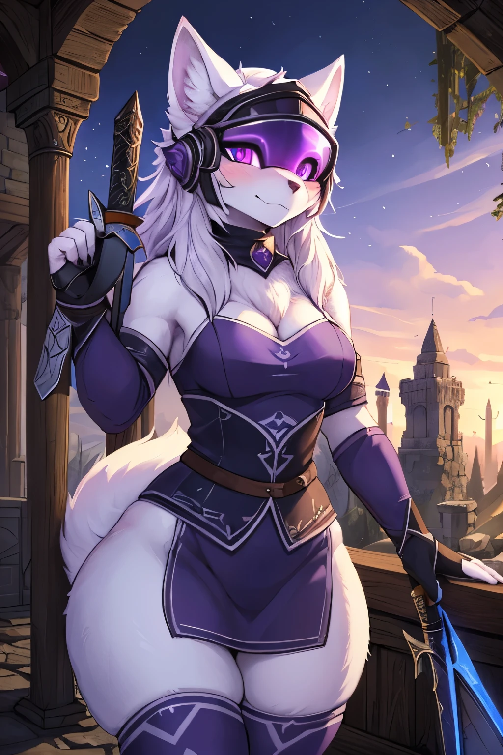 ((best quality, masterpiece, perfect anatomy, detailed picture)), 1female, arctic protogen, arctic fox, long visor, purple visor, purple eyes, thick thighs, sexy body, Nightingale outfit, (Skyrim), legwear, fluffy tail, red blushing, shy, in the ruins, holding a sword in right hand, holding a dagger in left hand, portrait, illustration