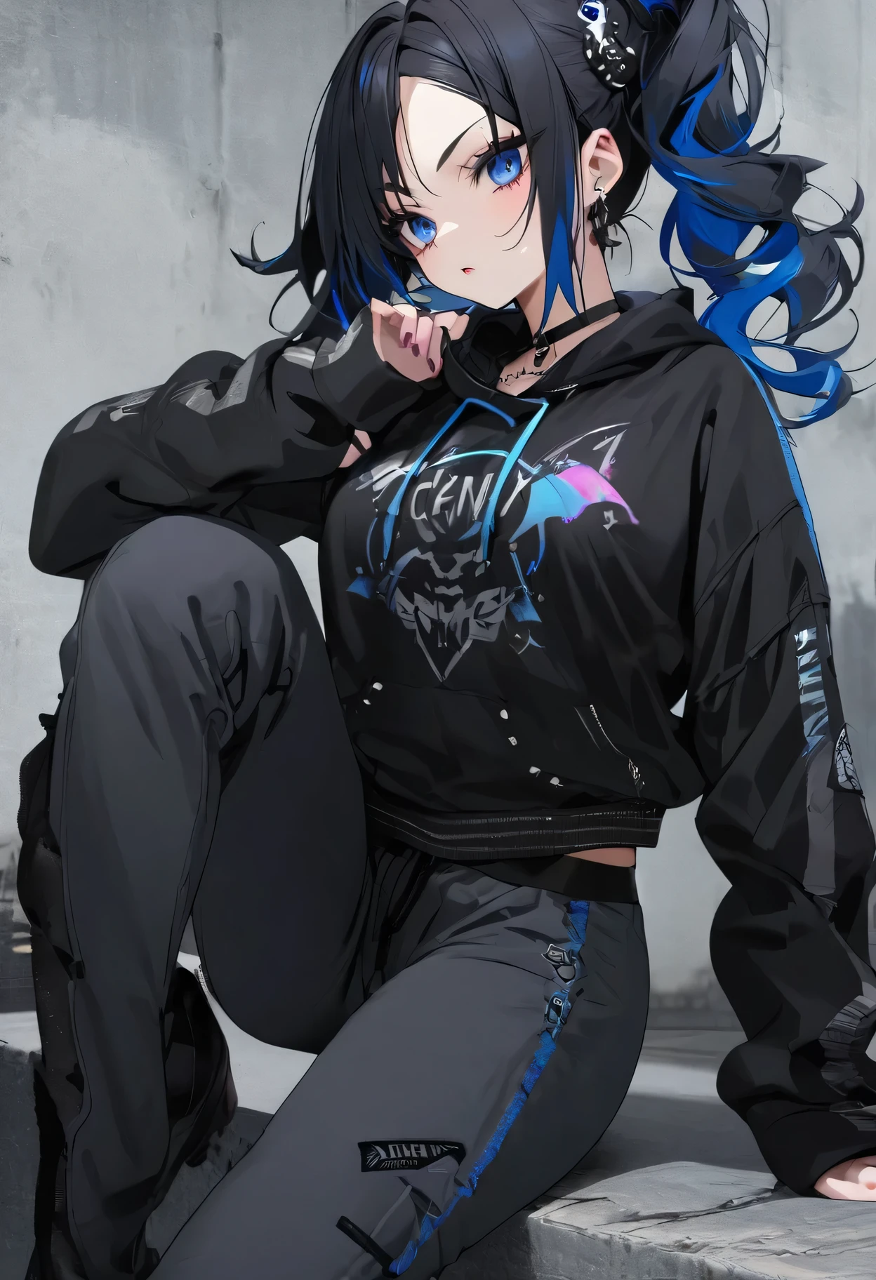  Beautiful gothic woman, sexy goth girl, designer logo sweatshirt jacket, Pants, Short black hair with blue tips, 