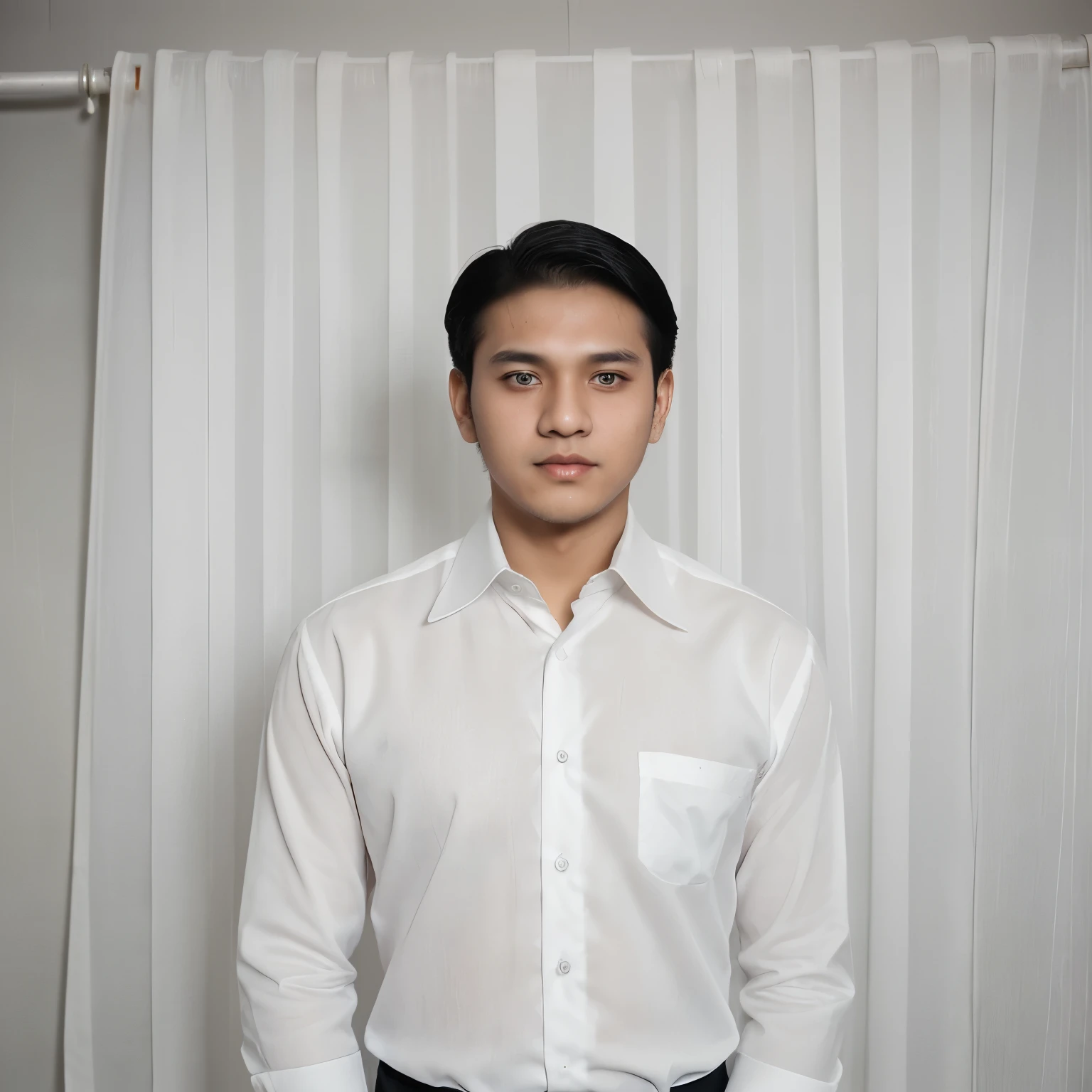 A young man 20 years poto for pas foto for job, black hair, curtain hair, formal white shirt, headshot poto