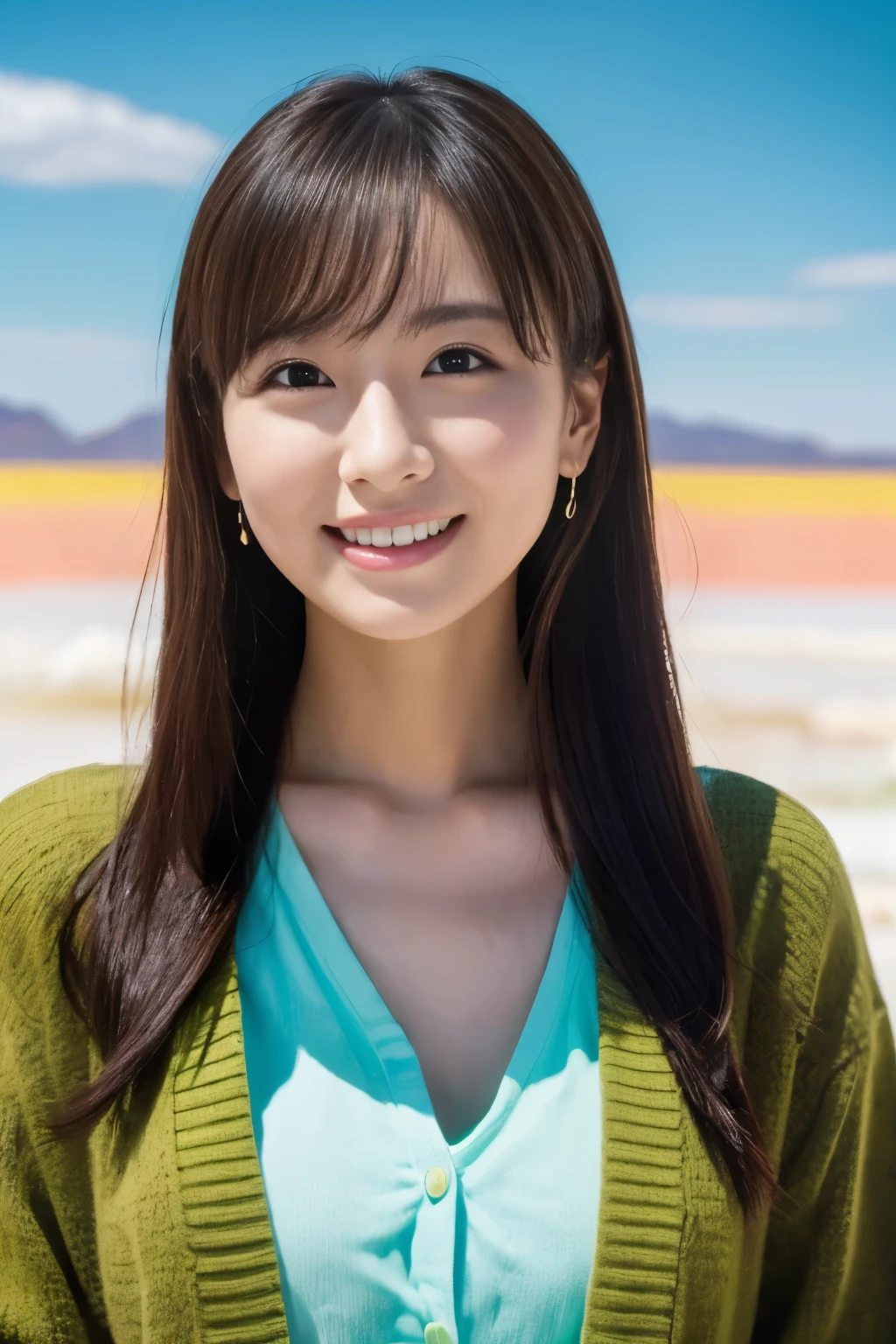 1 girl, (Wear a bright green cardigan:1.2), very beautiful japanese actress,
(Raw photo, highest quality), (realistic, Photoreal:1.4), table top, 
very delicate and beautiful, very detailed, 2k wallpaper, wonderful, 
finely, very detailed CG Unity 8K 壁紙, Super detailed, High resolution, soft light, 
beautiful detailed girl, very detailed目と顔, beautifully detailed nose, finelyて美しい目, cinematic lighting, 
(Commemorative photo at Salar de Uyuni:1.4), 
complete anatomy, slender body, small, smile,
pan focus