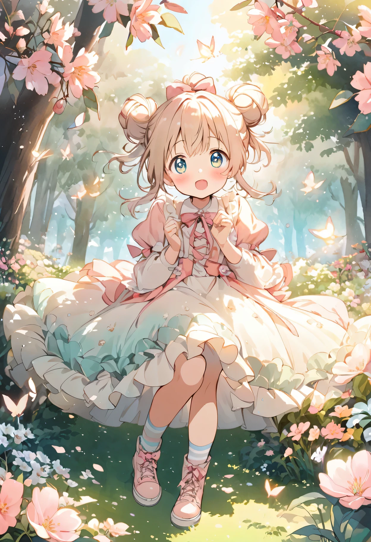 cute anime girl,big bright eyes,blush,playful expression,Light-colored hair,Two buns,pink bow,cute clothes,frilly dress,Big puff sleeves,fancy ribbon,ponytail,striped socks,lace up boots,in a blooming garden,with vibrant flowers,flying butterflies,soft green grass,bright blue sky,Soft sunlight pours down through the trees,ethereal light,traditional watercolor style,warm pastel color palette,soft strokes,Faint scent of cherry blossom petals,Sophisticated and dreamy atmosphere,work,Light and airy feel