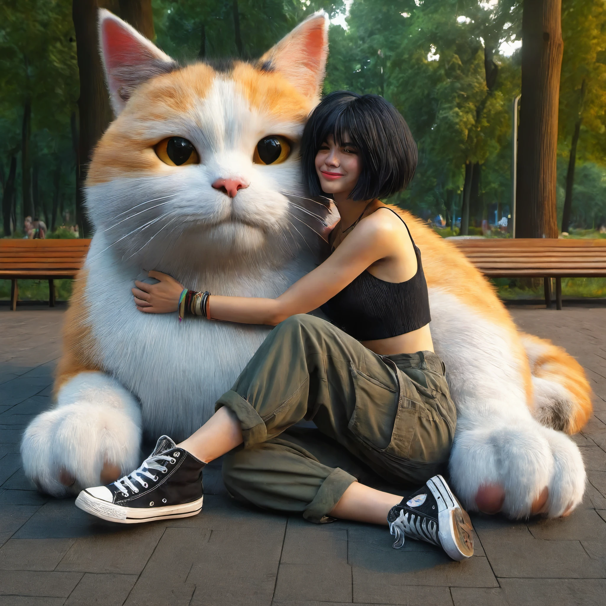 28 year old woman, black bob hair, wearing a tank top. Wear cargo pants  converse shoes Sit next to and hug a large, oversized cat. Located in a public park, realistic 8k images, wide angle images