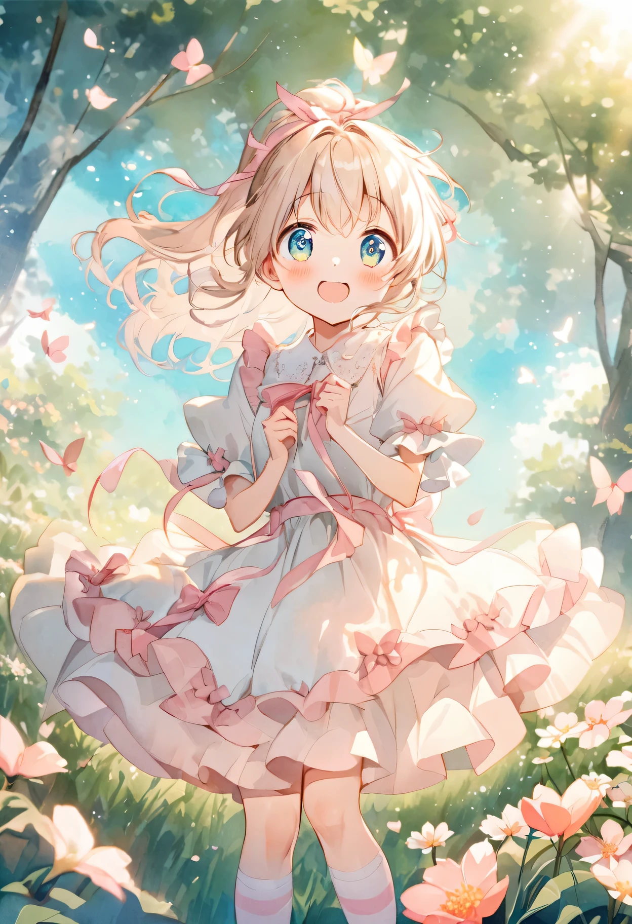 cute anime girl,big bright eyes,blush,playful expression,Light-colored hair,Two buns,pink bow,cute clothes,frilly dress,Big puff sleeves,fancy ribbon,ponytail,striped socks,lace up boots,in a blooming garden,with vibrant flowers,flying butterflies,soft green grass,bright blue sky,Soft sunlight pours down through the trees,ethereal light,traditional watercolor style,warm pastel color palette,soft strokes,Faint scent of cherry blossom petals,Sophisticated and dreamy atmosphere,work,Light and airy feel