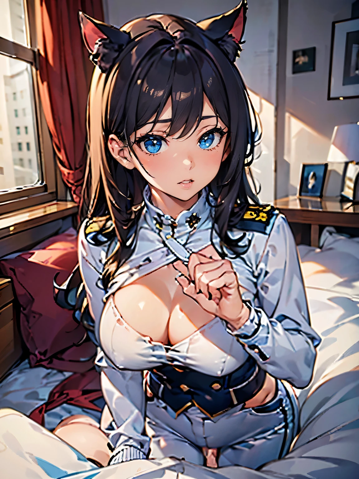 (masterpiece, best quality, RAW photo, intricate details) portrait, handjob:1.3, penis:2.0, upper body shot, 1girl / Atago / medium dark hair, blues eyes, cat ears, large breasts, cleavage, curvaceous body, (wearing admirals uniform, wearing white trousers),