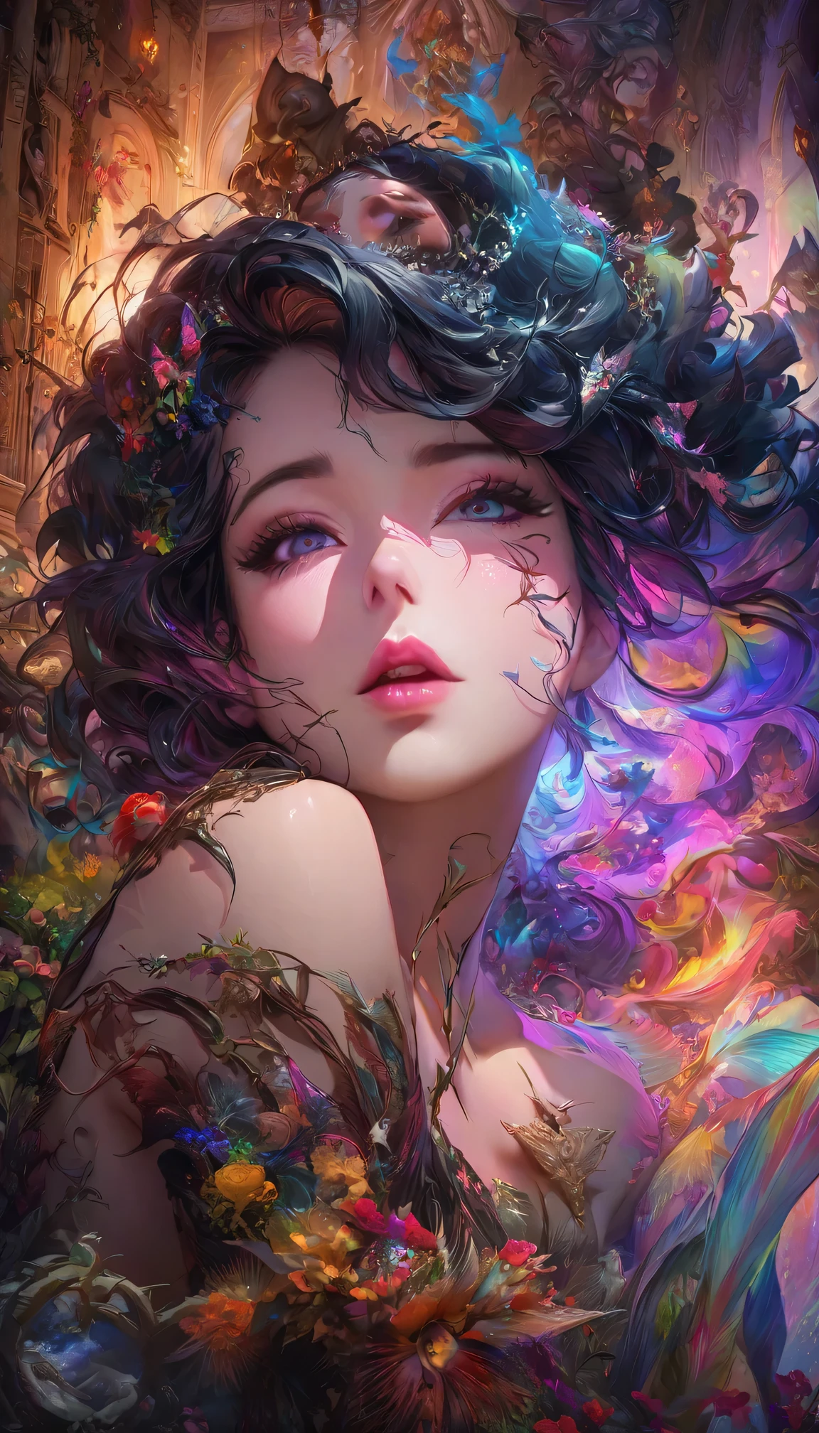 magazine cover：Mrs. Moore makes indecent suggestions.Surrealism,candid portrait,dark color,Playful lighting,Aesthetic composition,subtle brushwork,wild imagination,a hint of mystery,rich texture,hidden meaning,dreamlike atmosphere,Very attentive to details,Vibrant color palette,Classical elements,Disturbing beauty,expressive poses,engaging expression,interesting narrative,Implicit stories,provocative suggestion,femininity,Strong personality,ethereal halo,Subconscious desires,Mixed emotions,seductive gaze,soft focus,The secret of whispering,seductive whisper,power dynamics,unspeakable longing,sinister hint,Unconventional beauty,mysterious atmosphere,controversial subject,ambiguous explanation,subversive narrative,Strong symbolism,audience imagination.