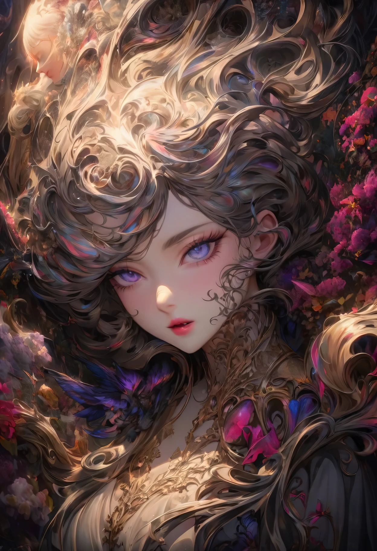 Mrs. Moore,Surrealism,candid portrait,dark color,Playful lighting,Aesthetic composition,subtle brushwork,wild imagination,a hint of mystery,rich texture,hidden meaning,dreamlike atmosphere,Very attentive to details,Vibrant color palette,Classical elements,Disturbing beauty,expressive poses,engaging expression,interesting narrative,Implicit stories,provocative suggestion,femininity,Strong personality,ethereal halo,Subconscious desires,Mixed emotions,seductive gaze,soft focus,The secret of whispering,seductive whisper,power dynamics,unspeakable longing,sinister hint,Unconventional beauty,mysterious atmosphere,controversial subject,ambiguous explanation,subversive narrative,Strong symbolism,audience imagination.