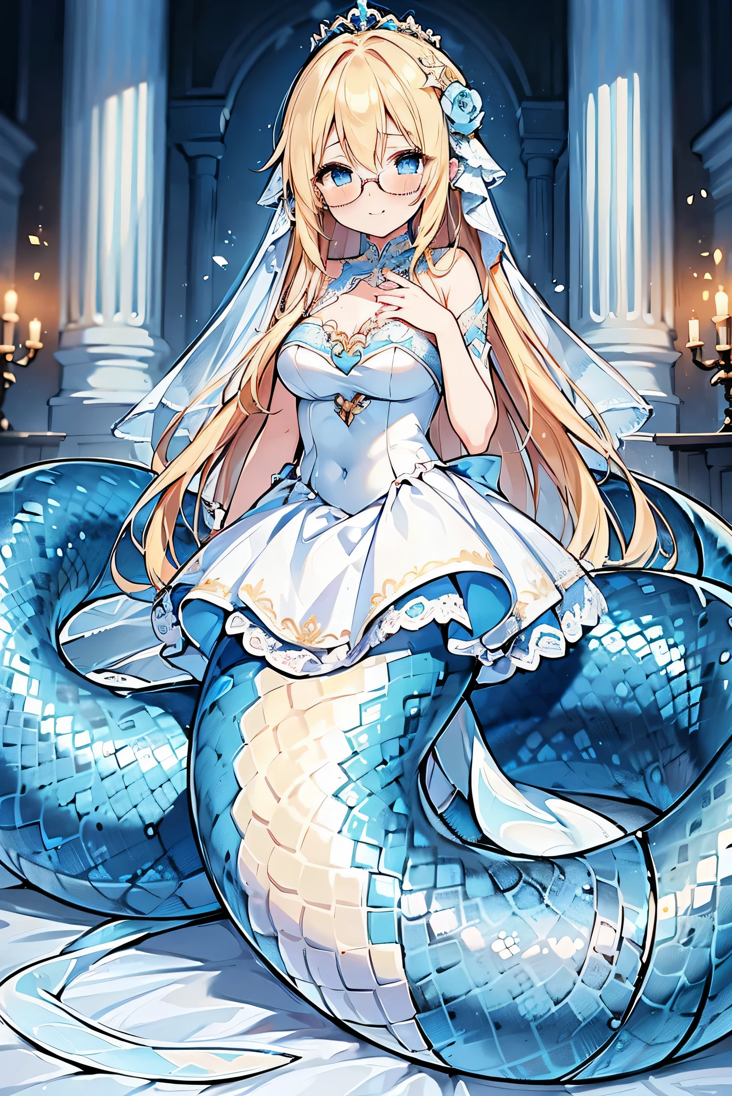 masterpiece, best quality,a girl,Lamia,Blue snake tail,long golden hair,blue eyes,Wedding dress,Glasses,full-body shot,charming脸, Oval face(kawaii, charming,soft)