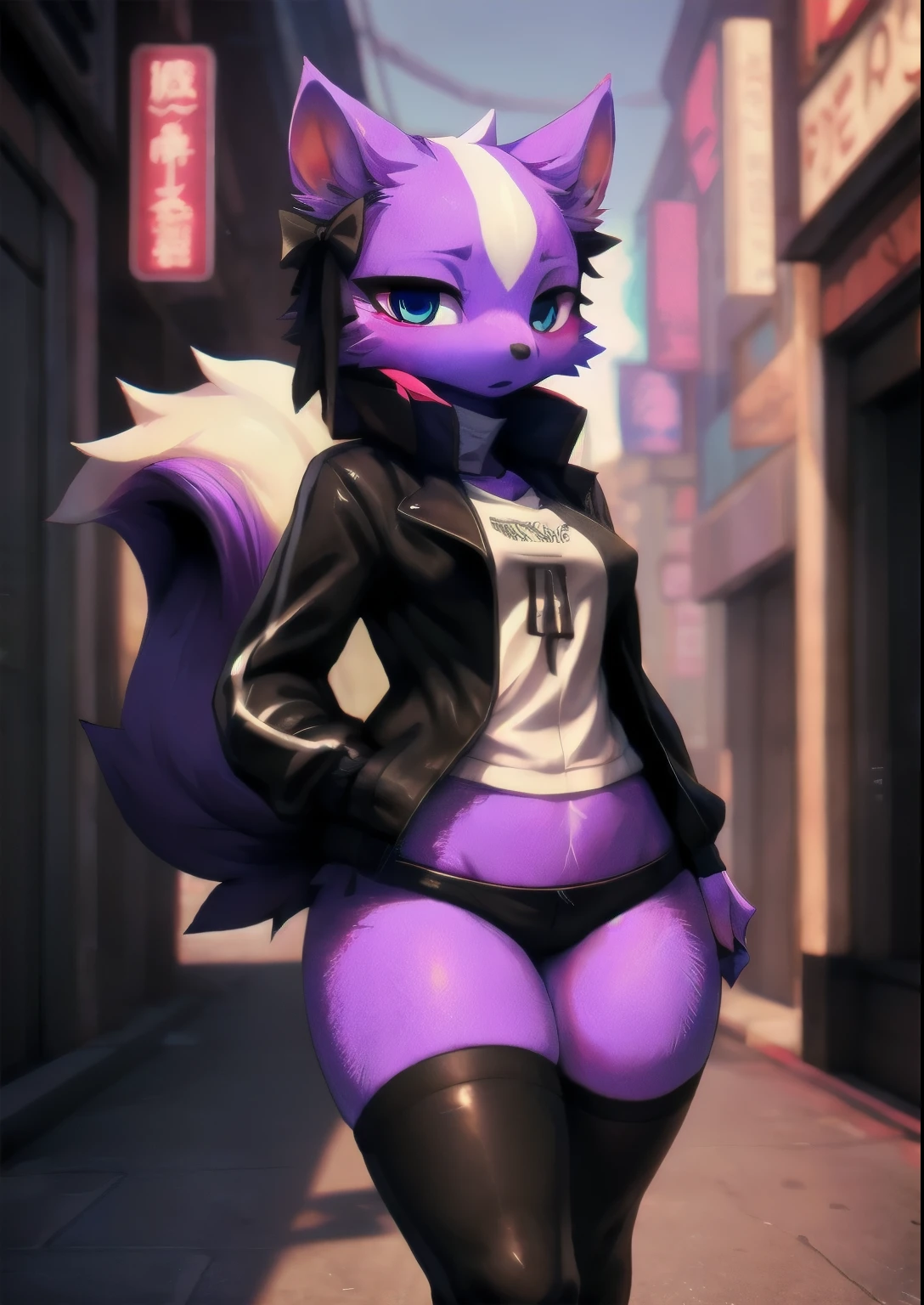 uploaded on e621, (by Whooo-Ya, by Sskomu \(artist\), by Kakure Eria),
solo female (cute purple skunk girl, blue eyes, Shikabane, a single small cute purple squirrel tail), slender  body, thigh high socks, 
(wear black jacket, ), (small breasts), black converse shoes,
((detailed fluffy fur)), (looking at viewer, full body shot, three-quarter view),
BREAK,
((Walking at city street on sunset day)), ( fog, mist, cyberpunk, neon light),
(detailed background, depth of field, half body shadow, sunlight, ambient light on the body),
(masterpiece, best quality, ultra realistic, 4k, 2k, (high detail:1.3),
(3d \(artwork\):1.2), blender \(software\), (soft focus:1.2), ray tracing, (unreal engine:1.3), absurd res)