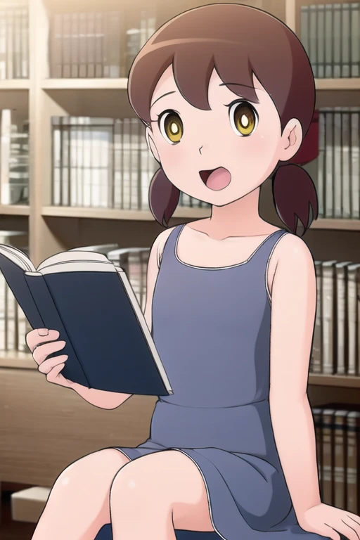 fantastic realism, bokeh, 1girl (16 years old), sitting in a library, reading, yellow eyes, light blue dress, straight red  hair,  beautifully detailed woman, beautifully detailed mouth, extremely detailed eyes and face, beautiful detailed eyes,hot,shizuka