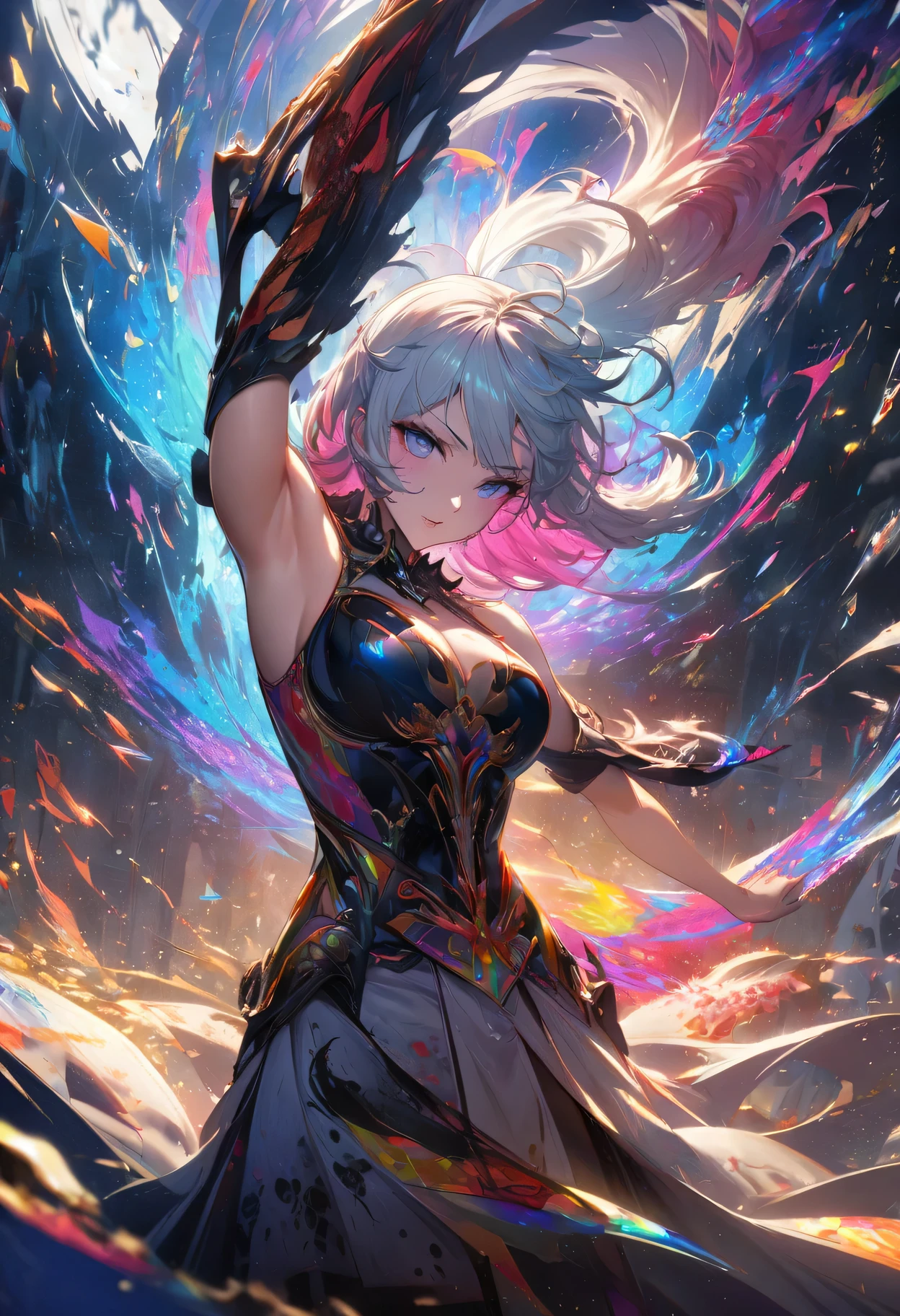 1 anime girl,Capturing the wind with liquid ink，Thawing into a whirlwind of pointillism, Traverse the spectrum of multiple random colors, 4k concept art, Extreme details, complicated, luminous canvas, kinetic, Dynamic, Sharp glossy focus, create a perfect female face with complicated detail, Gorgeous, best quality, masterpiece