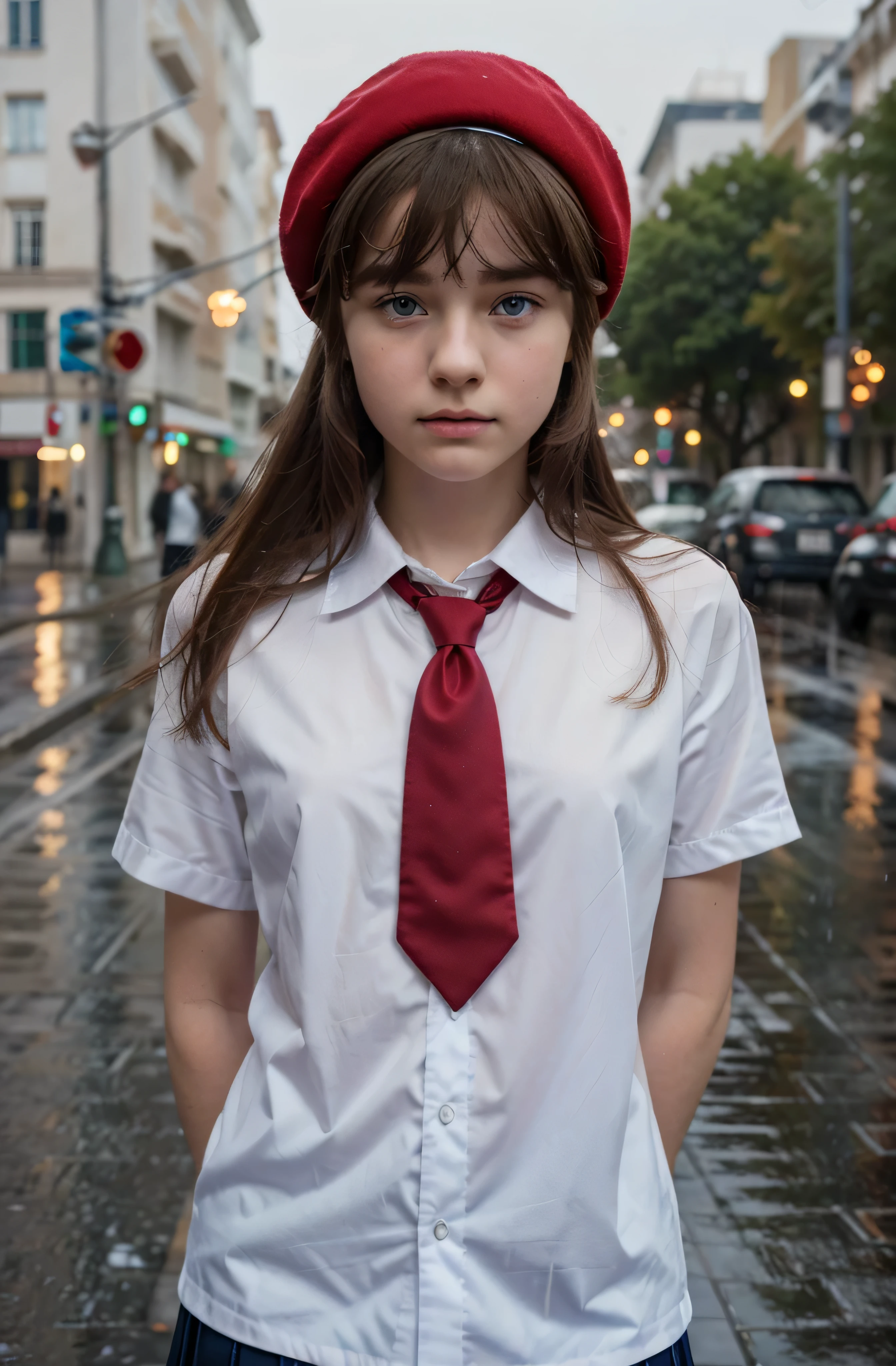 (best quality,hyper-realistic,ultra-detailed,8k), teenager, fifteen years old, shy, sad, paleness, big blue eyes, very white skin, small nose, short middle brown hair with bangs, melancholy, delicate, feminine, skinny, elegant student uniform, french pink Beret, red tie, empty street, brilliant colors, rain, night, city lights.