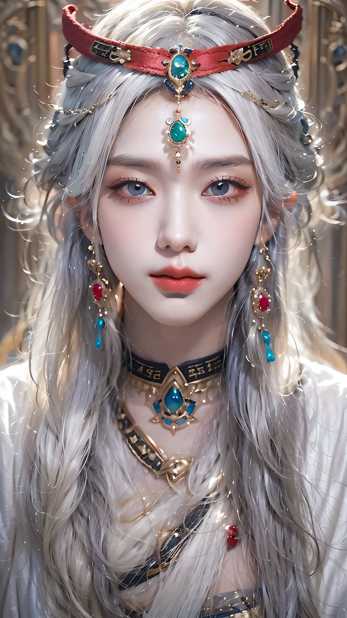 Photorealistic, high resolution, 1 woman, hips up, Beautiful eyes, Long hair, ringed eyes, white hair, jewelry, tattoo, hanfu