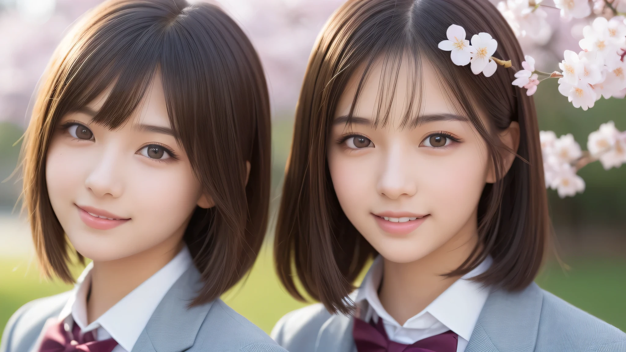 (1 girl), yo, (short bob:1.2), enchanting smile, (highly detailed eyes, highly detailed face), Fresh, very beautiful appearance, (surreal, High resolution), (highest quality:1.4), professional photography, (high School uniform:1.2), cherry blossoms, focus on face, School, School anime, anime illustration,