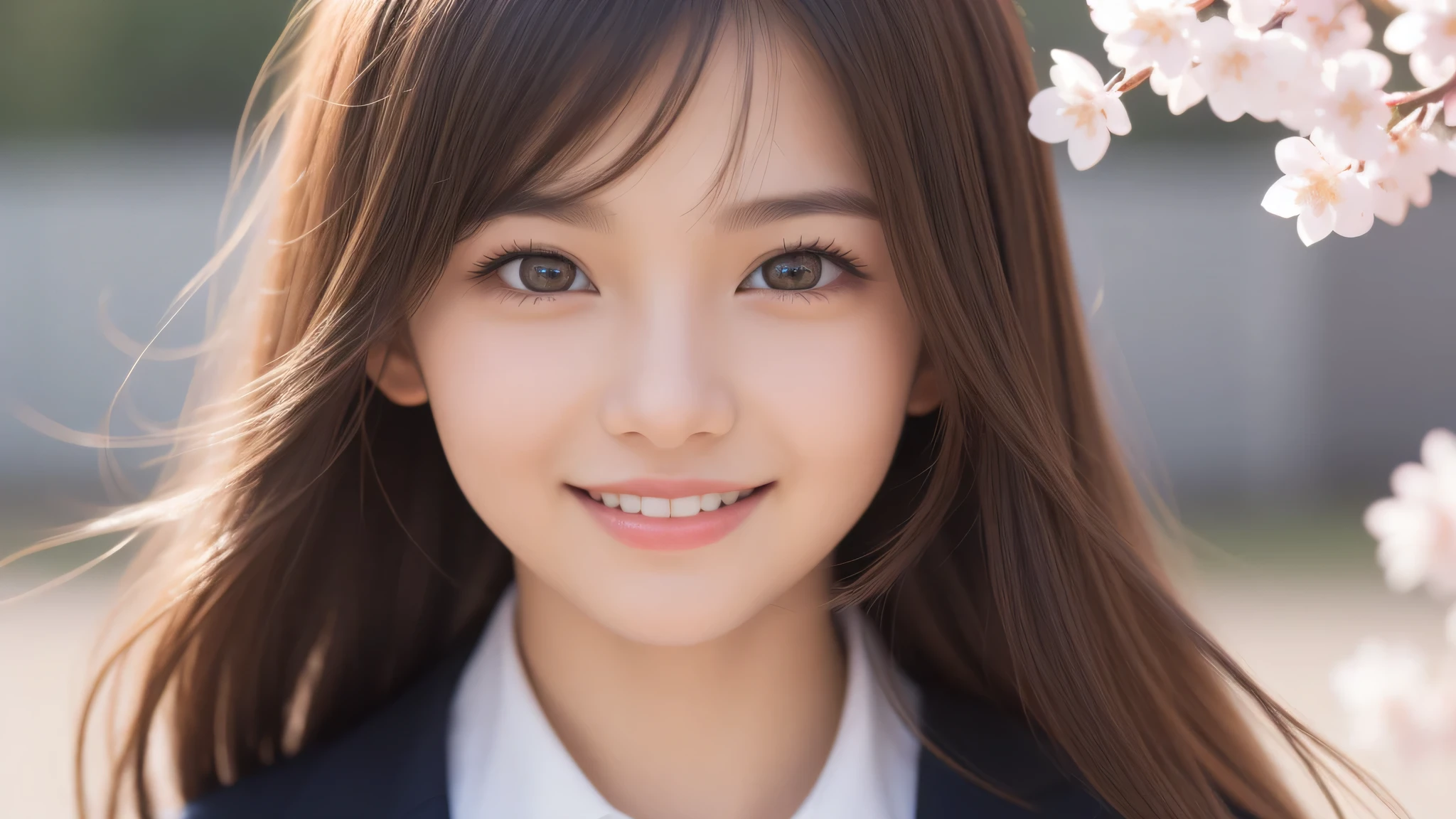 (1 girl), yo, (short bob:1.2), enchanting smile, (highly detailed eyes, highly detailed face), Fresh, very beautiful appearance, (surreal, High resolution), (highest quality:1.4), professional photography, (high School uniform:1.2), cherry blossoms, focus on face, School, School anime, anime illustration,