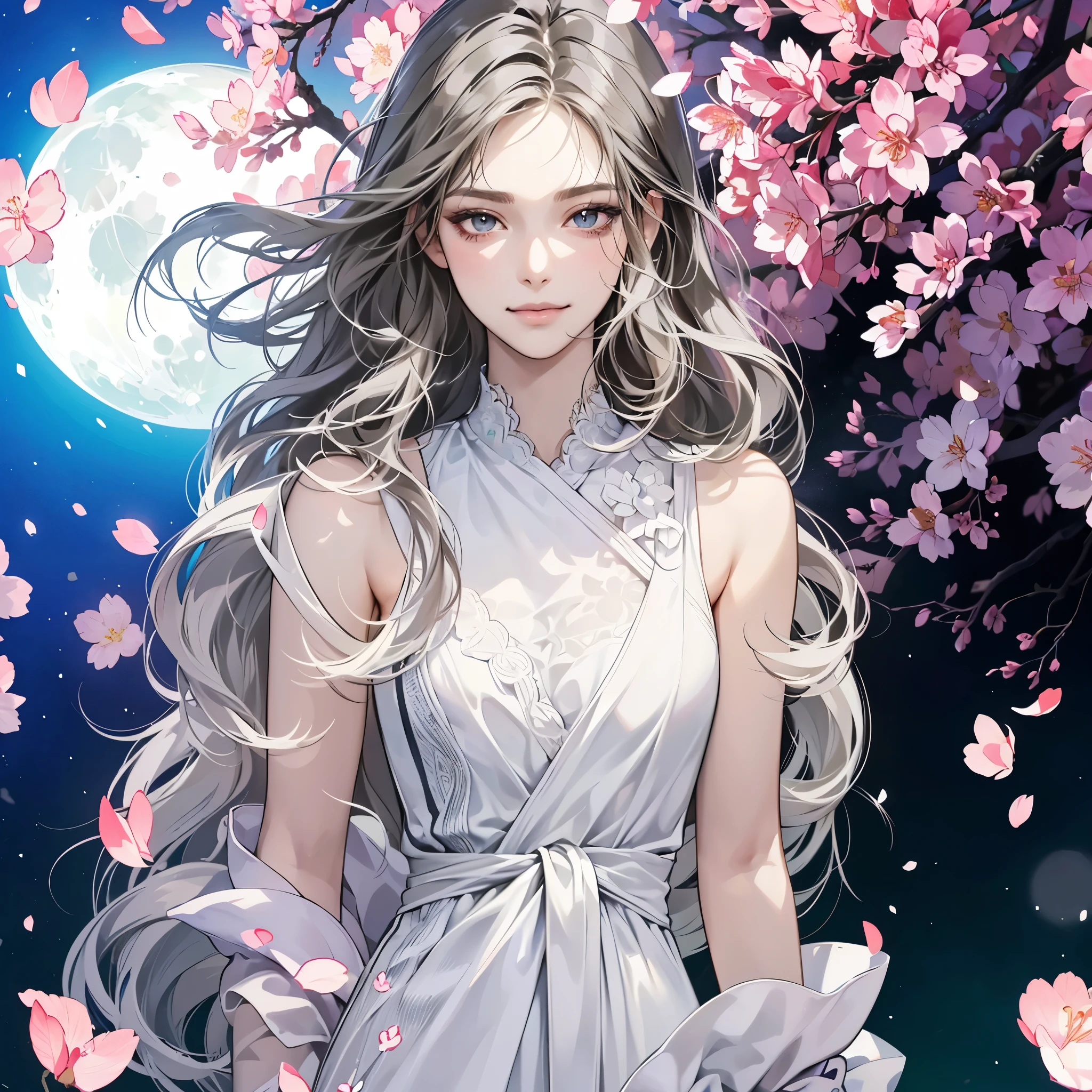 (table top, digital art, digital illustration, 4K, 8K, super detailed, beautiful images, clear image, realistic, RAW photo, perfect face, perfect lines, perfect eyes, soft lighting) ,1 female, (long black hair,parted bangs、bullish look,beautiful woman,closed mouth,smirk,Mature,(slender,),23 year old female,:1.3),The background is cherry blossoms and the moon
