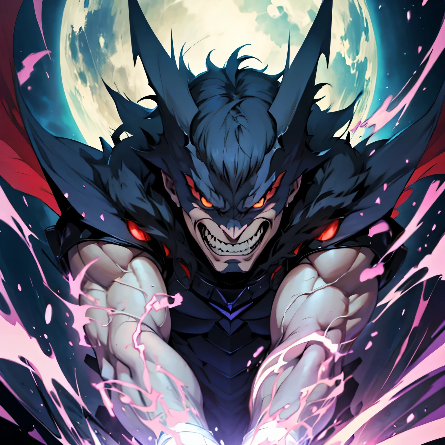 Zeichne einen Anime-Typen mit einem riesigen, evil grin on his face