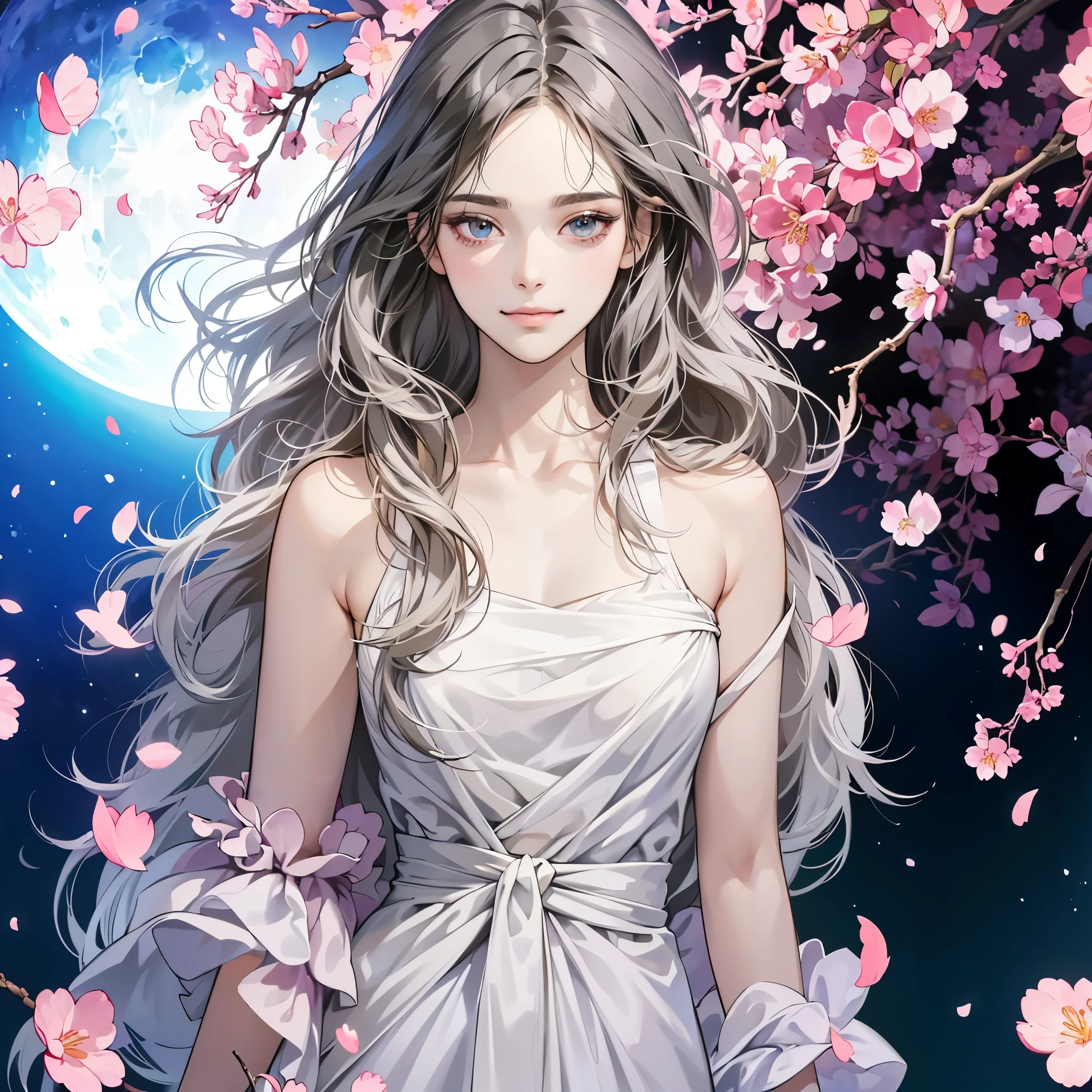 (table top, digital art, digital illustration, 4K, 8K, super detailed, beautiful images, clear image, realistic, RAW photo, perfect face, perfect lines, perfect eyes, soft lighting) ,1 female, (long black hair,parted bangs、bullish look,beautiful woman,closed mouth,smirk,Mature,(slender,),23 year old female,:1.3),The background is cherry blossoms and the moon