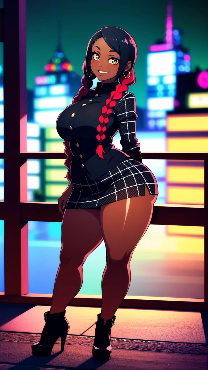 4K Quality, ((big smile)), sexy pose, black plaid miniskirt, standing up, ((black and red braids)), ((dark skinned)), thick thighs, big breasted, big ass, looking at viewer, braided hair, (red eyes), night time, bedroom eyes, full body, city background, perfect face, perfect body, perfect eyes, ((shiny full lips)),