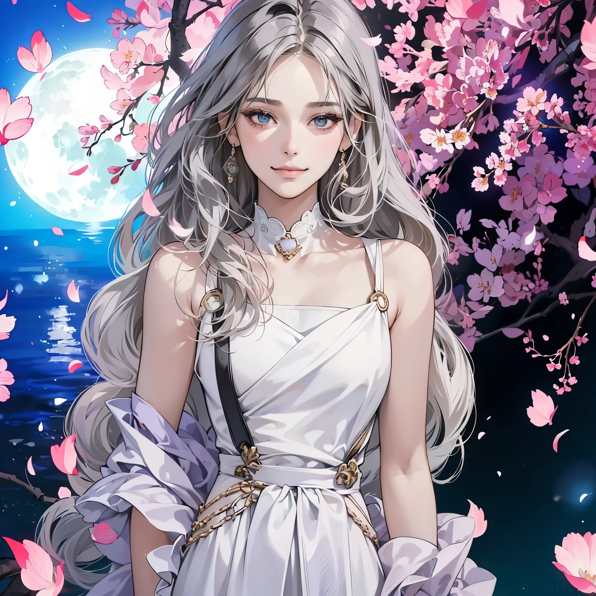 (table top, digital art, digital illustration, 4K, 8K, super detailed, beautiful images, clear image, realistic, RAW photo, perfect face, perfect lines, perfect eyes, soft lighting) ,1 female, (long black hair,parted bangs、bullish look,beautiful woman,closed mouth,smirk,Mature,(slender,),23 year old female,:1.3),The background is cherry blossoms and the moon
