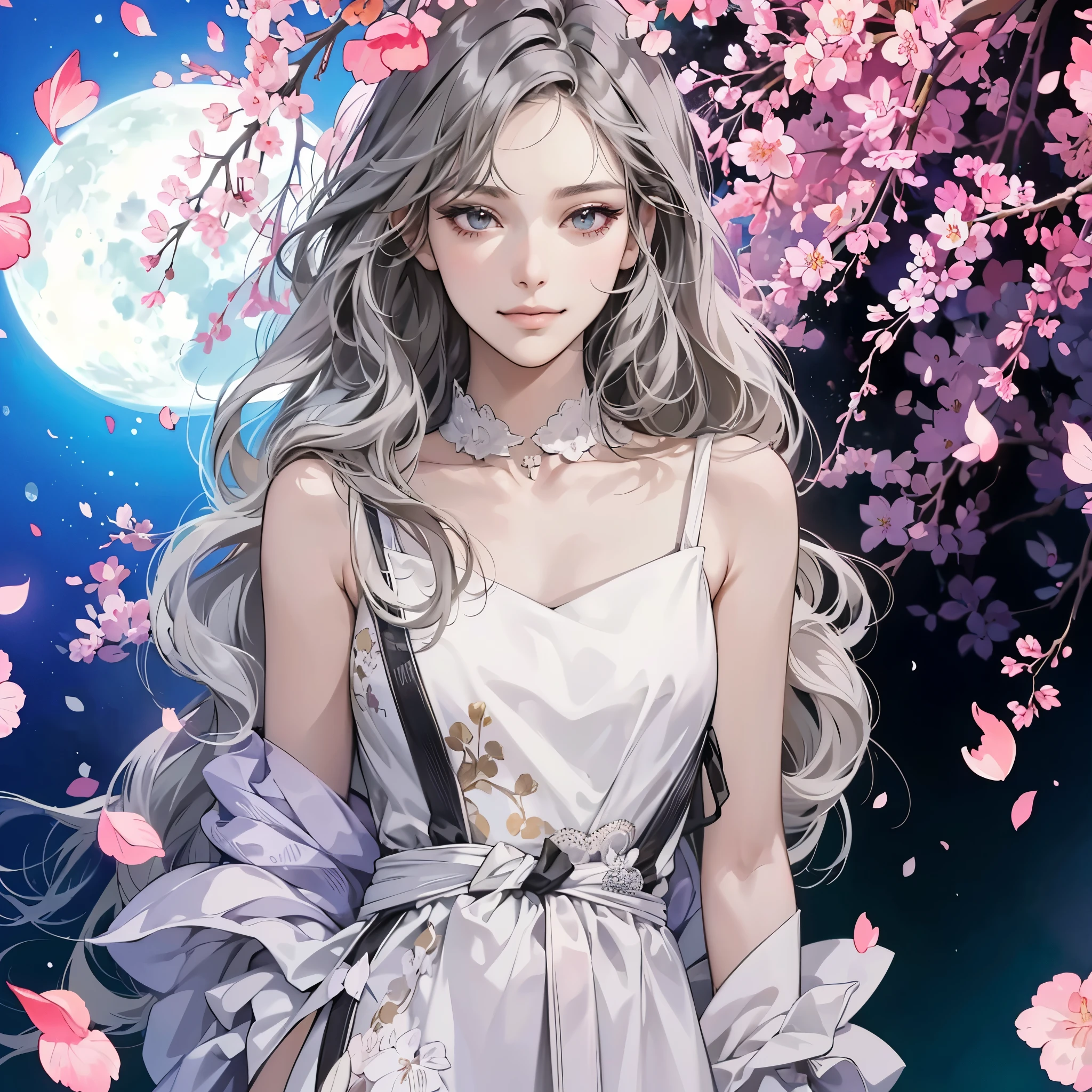 (table top, digital art, digital illustration, 4K, 8K, super detailed, beautiful images, clear image, realistic, RAW photo, perfect face, perfect lines, perfect eyes, soft lighting) ,1 female, (long black hair,parted bangs、bullish look,beautiful woman,closed mouth,smirk,Mature,(slender,),23 year old female,:1.3),The background is cherry blossoms and the moon