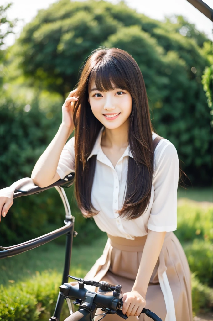 8k、highest quality、masterpiece、超A high resolution、picture、The elegance of beautiful Japanese women、Single-lens reflex camera、There are good ones、A transparent atmosphere、sexy lip、slanted bangs、beautiful face、medium long hair、make bangs、smile、natural soft light、A 22 year old girl wearing a suit、Wore skirts、country road、riding a bicycle