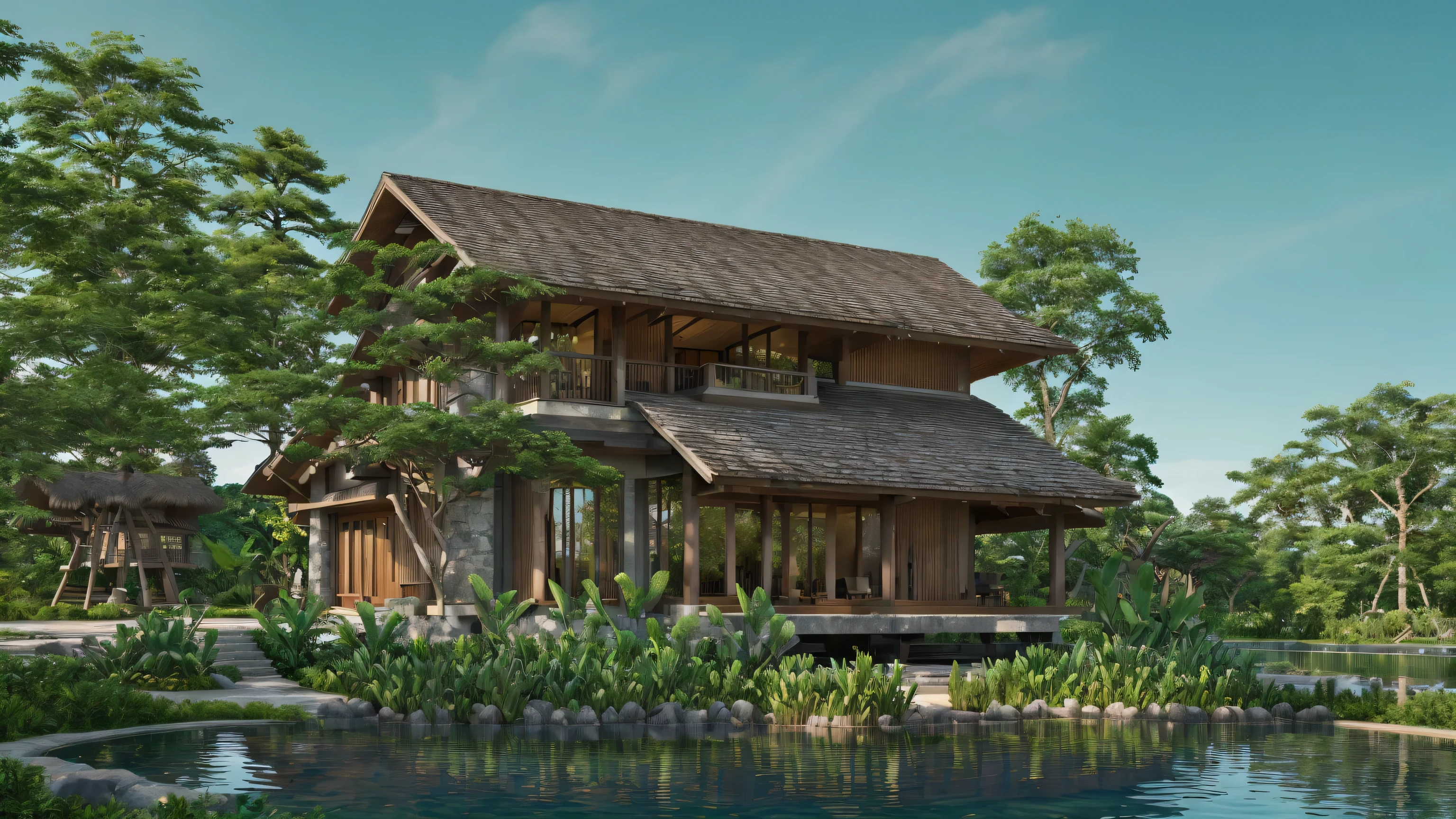 View  bungalow with thatched roof and water pool, organic architecture, organic building, sustainable architecture, majestic and beautiful, cafe in the forest, green architecture, inspirational architecture, wooden bungalow  peaceful wood, beautiful house, unbelievable design, built in the forest near the lake, fantasy house, wonderful architecture, rococo style, high detail, interior architecture, depth of field, cinematic lighting, UHD, masterpiece, high detail, high quality, high quality, 8k