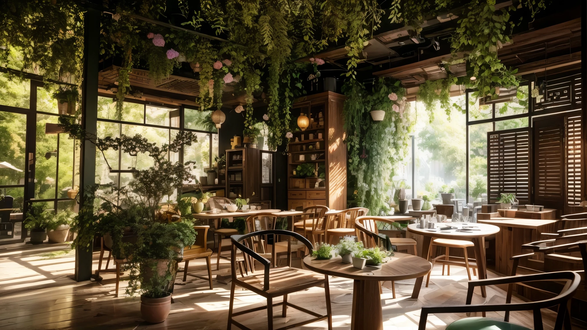 Design Chinese Dining Room Interior Rendering, (Best Quality, High Resolution), (Bright, Vibrant Colors), (Detailed, Realistic), Hanging Flowers and Plants, Transparent Glass Walls, Open Greenery Around the Dining Room Table, ((Chinese Furniture)), (Chinese Furniture), Natural Light, Sunlight, Dead Tree Trunks, Foliage, Flower Arrangements, Warm Tones reminiscent of the diagonal tracking style of V-Ray, Ultra High Definition. Extreme Detail, 3D Rendering, OC Rendering, Best Quality, 4K, Hyper Detection, Unreal Engine 5, Octane Rendering
