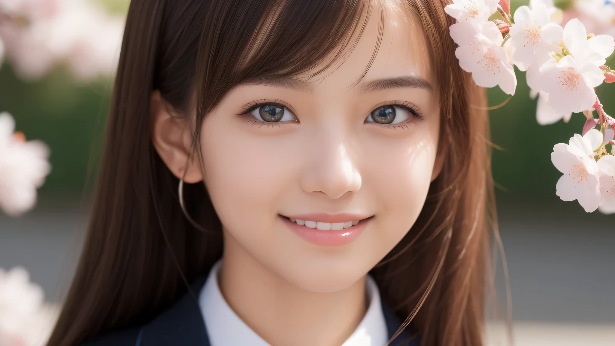 (1 girl), 17yo, (short:1.2), enchanting smile, (highly detailed eyes, highly detailed face), Fresh, very beautiful appearance, (surreal, High resolution), (highest quality:1.4), professional photography, (high School uniform:1.2), cherry blossoms, focus on face, School, School anime, anime illustration,