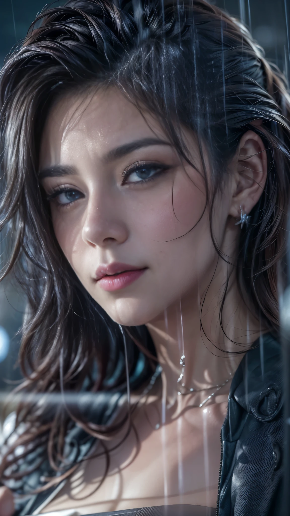 (RAW shooting, Photoreal:1.5, 8K, highest quality, masterpiece, ultra high resolution), perfect dynamic composition:1.2, Night street corner of a modern city, look up at the sky:1.3, (((Typhoon heavy rain))), Highly detailed skin and facial textures:1.2, Slim office lady wet in the rain:1.3, sexy beauty:1.1, perfect style:1.2, beautiful and aesthetic:1.1, Fair skin, very beautiful face, water droplets on the skin, (rain drips all over my body:1.2, wet body, wet hair:1.4, wet office skirt:1.2, wet office lady uniform:1.3), belt, (Medium chest, Bra see-through, Chest gap), (look of resignation, embarrassing smile, The expression on your face when you feel intense caress, Facial expression when feeling pleasure), (beautiful blue eyes, Eyes that feel beautiful eros:0.8), (Too erotic:0.9, Bewitching:0.9), cowboy shot, Shoulder bag, necklace, earrings, bracelet, clock