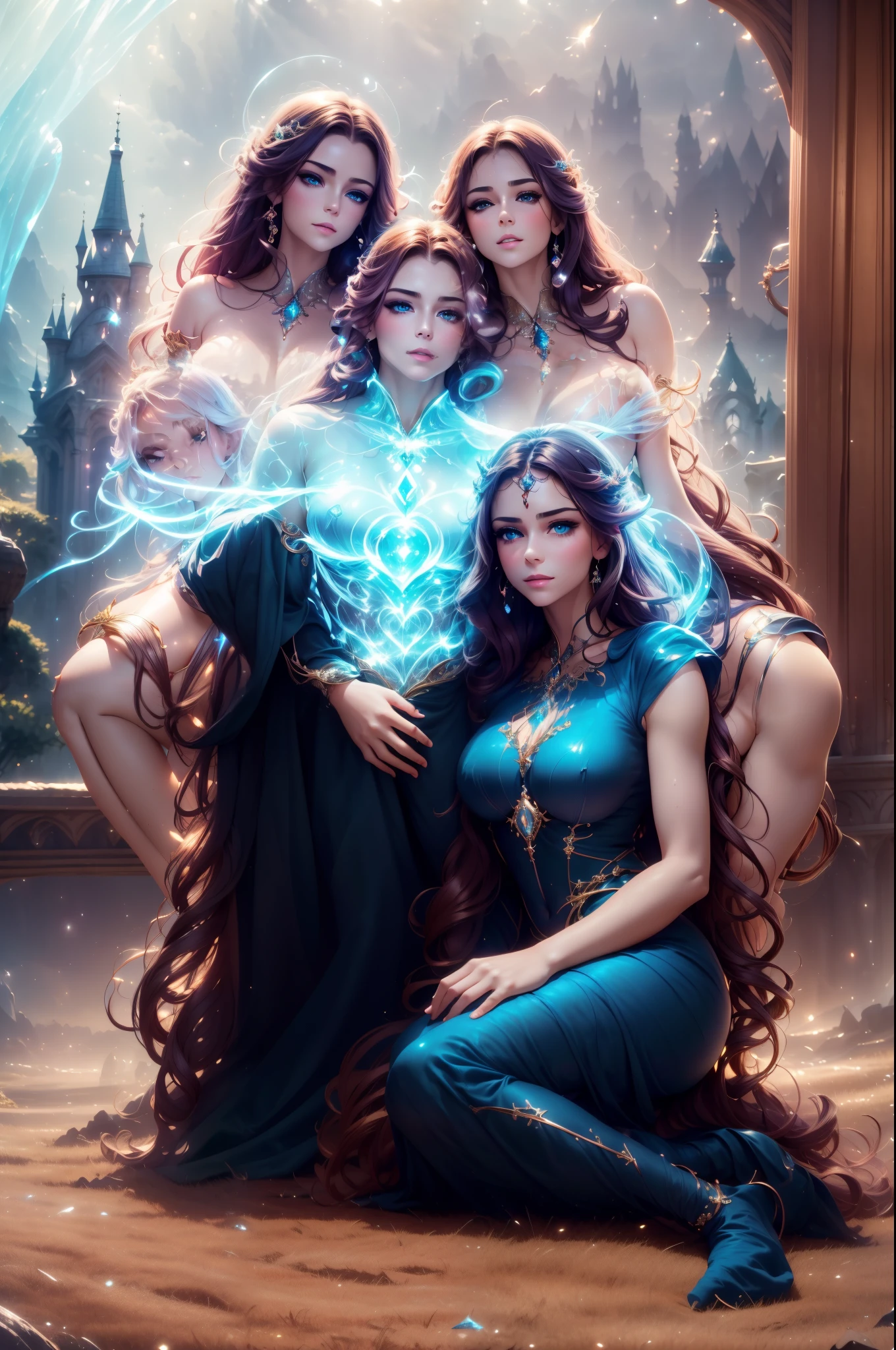 (best quality,4k,8k,highres,masterpiece:1.2),ultra-detailed,realistic,three sexy women,one man,cuddling together in a magical world,illustration,soft lighting,vibrant colors,ethereal ambiance,fantasy,sparkling effects,enchanted atmosphere,elaborate costumes,dreamlike setting,lush vegetation,mystical creatures,fairytale,whimsical,eye-catching composition,flawless skin,detailed facial features,stunning expressions,fantasy-themed background,magical aura,floating elements,majestic beauty,magical realism,spellbinding,alluring poses,astral lighting,perfect harmony,romantic atmosphere,magical energy,happiness and love,heartwarming,unforgettable,mesmerizing artistry.