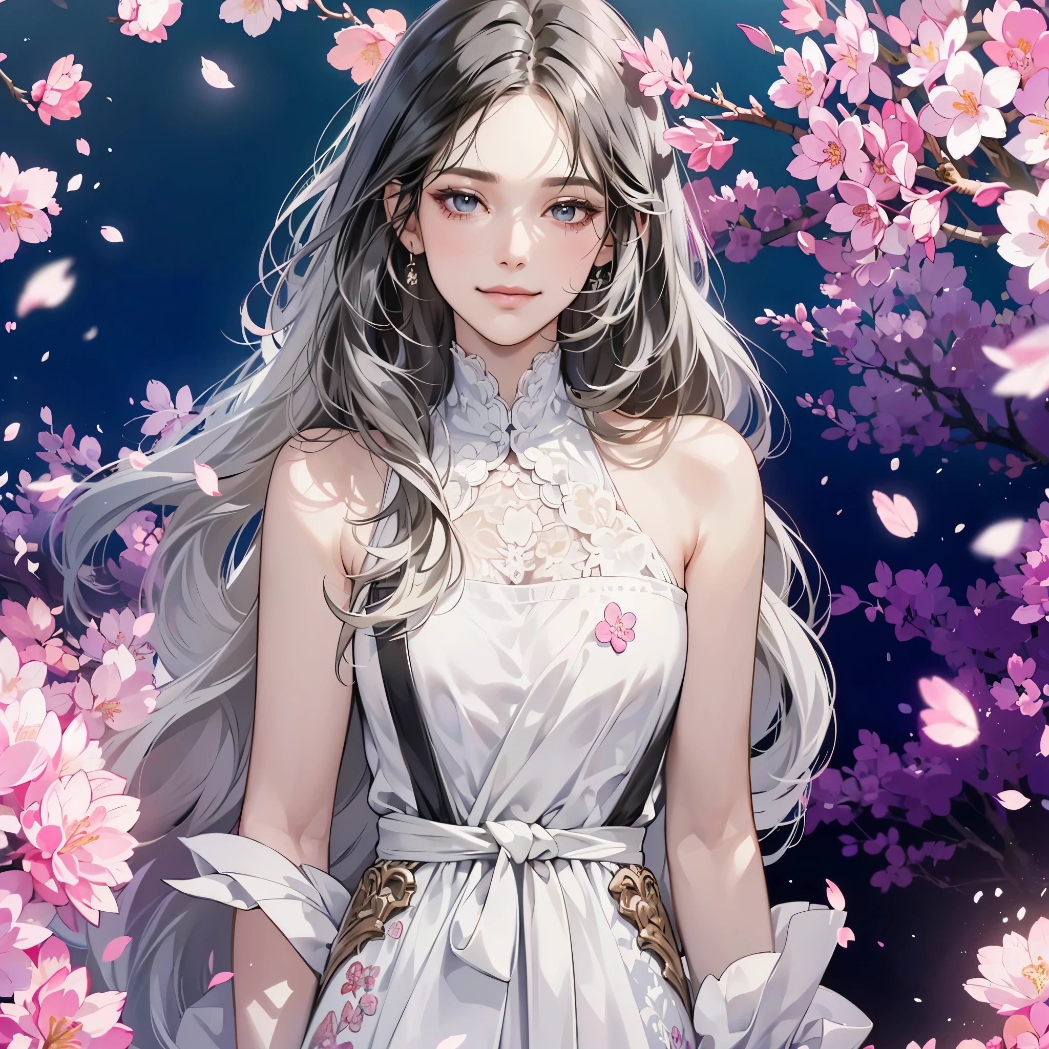 (table top, digital art, digital illustration, 4K, 8K, super detailed, beautiful images, clear image, realistic, RAW photo, perfect face, perfect lines, perfect eyes, soft lighting) ,1 female, (long black hair,parted bangs、bullish look,beautiful woman,closed mouth,smirk,Mature,(slender,),23 year old female,:1.3),The background is cherry blossoms