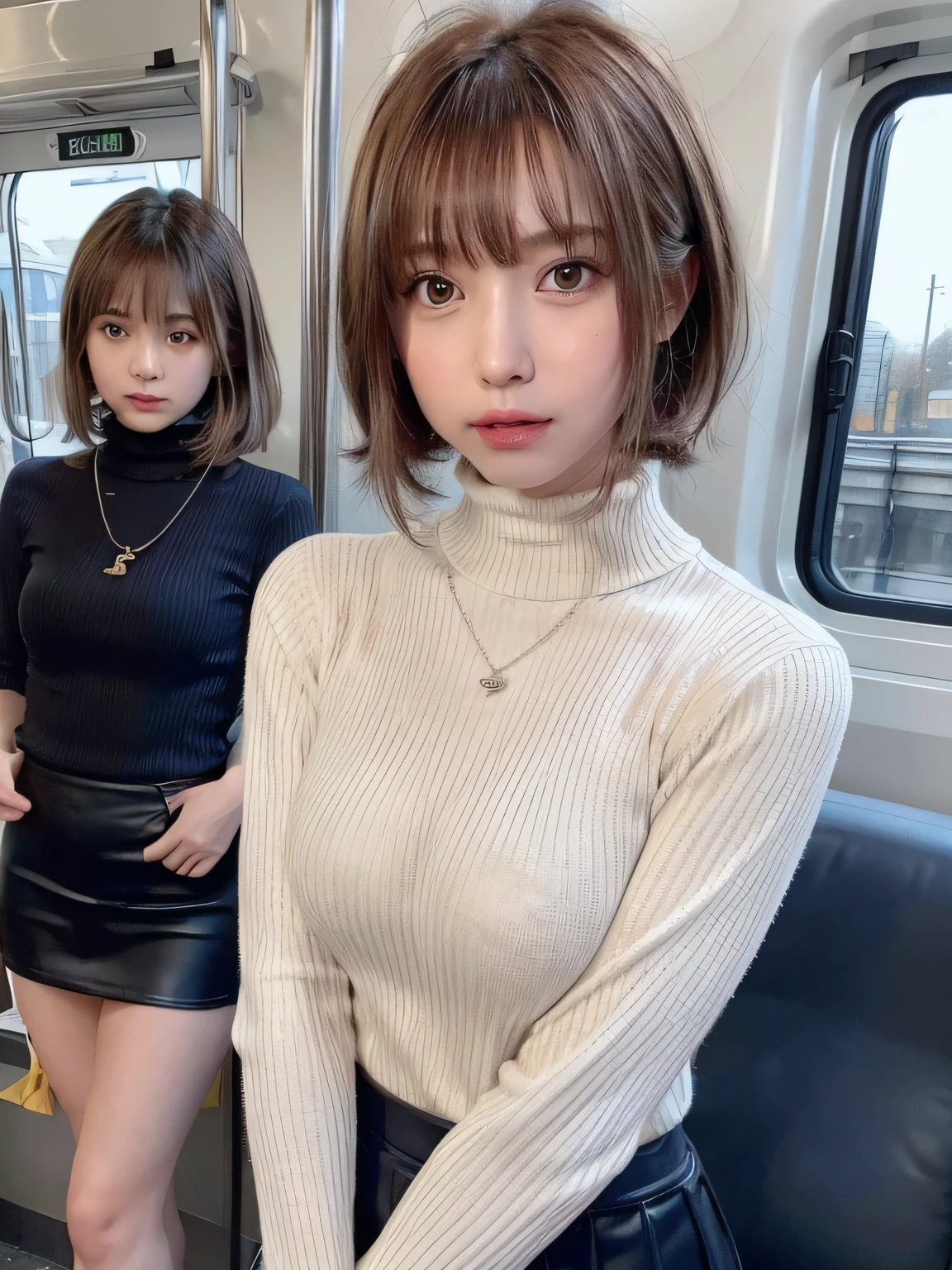(masterpiece:1.3), (8K, realistic, Raw photo, highest quality: 1.4), (1 girl), beautiful face, (realistic face), (brown hair, you feel the skin、 short hair:1.3,With bangs), beautiful hairstyle, realistic eyes, fine and beautiful eyes, (realistic skin), beautiful skin、((navy miniskirt、tight white turtleneck、I have a black bag、beautiful necklace))、Breast flick、((medium breasts))、(in a crowded train)、From the side、full body、(look away)、I can see the whole body、(Are standing)、crossed arms、((chest hold))、18 year old beautiful girl
