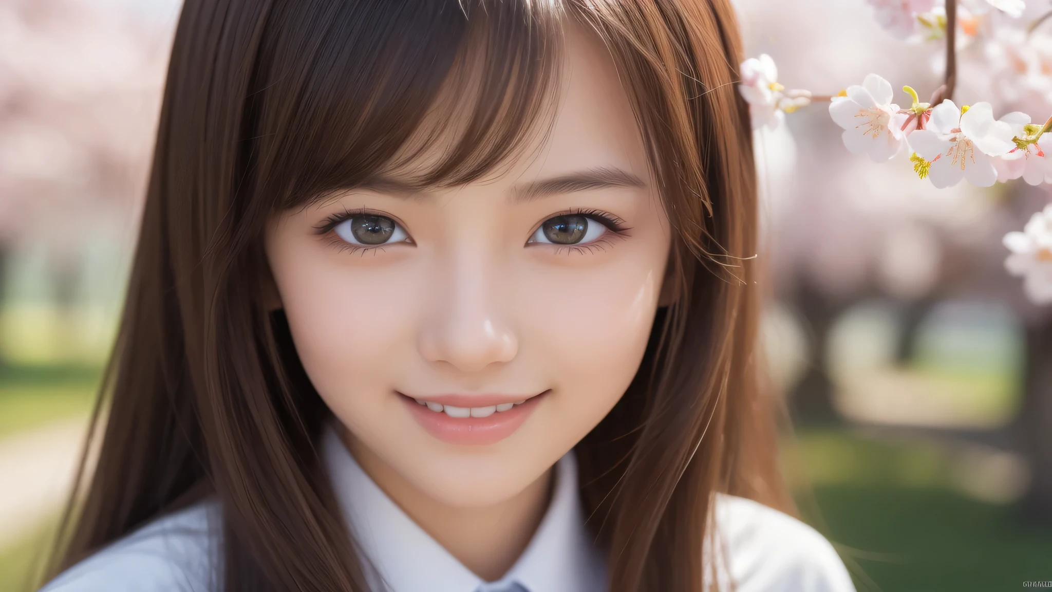 (1 girl), yo, enchanting smile, (highly detailed eyes, highly detailed face), Fresh, very beautiful appearance, (surreal, High resolution), (highest quality:1.4), professional photography, (high School uniform:1.2), cherry blossoms, focus on face, School, School anime, anime illustration,